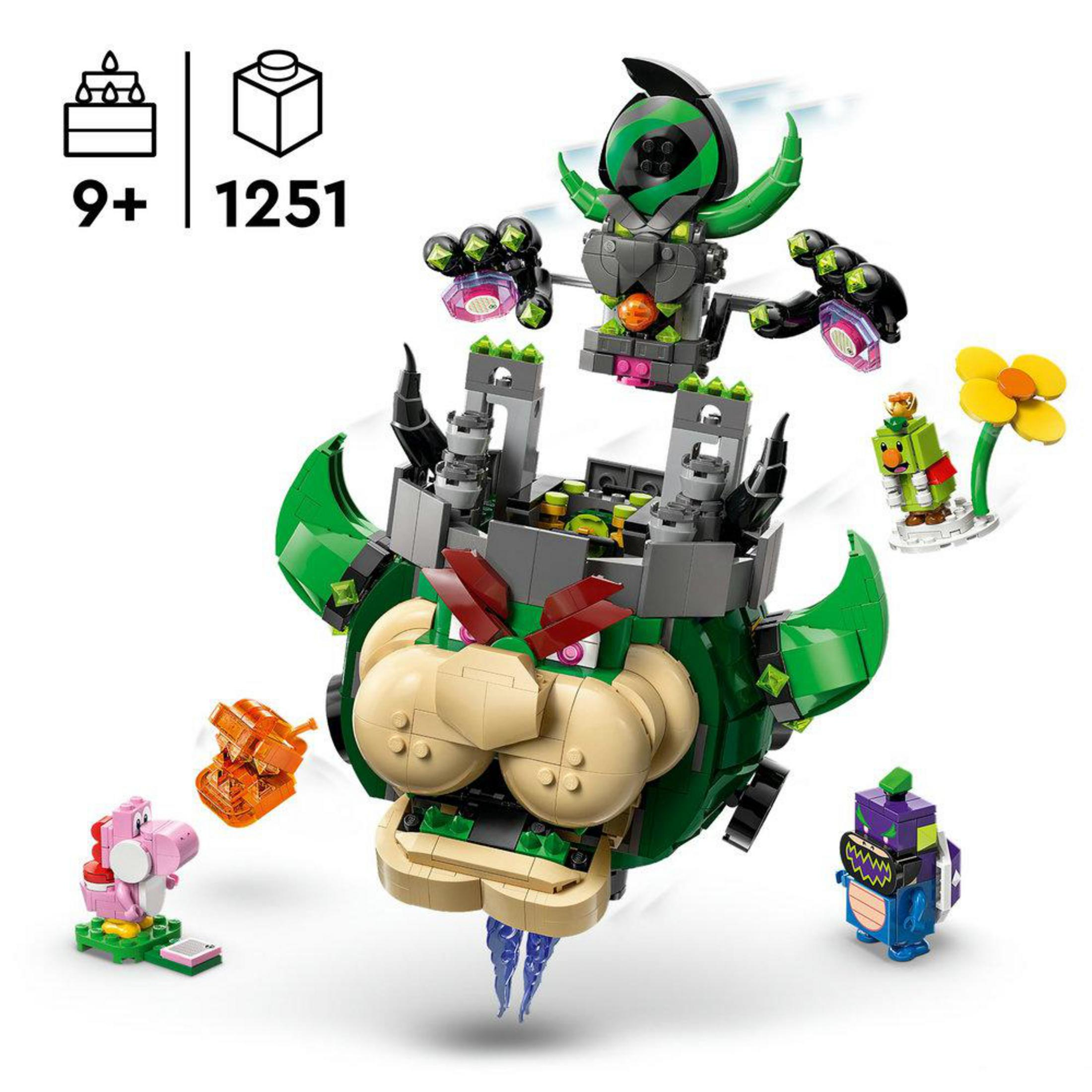 Giocattolo Lego di Bowser con figure, fiore giallo e 1251 pezzi.