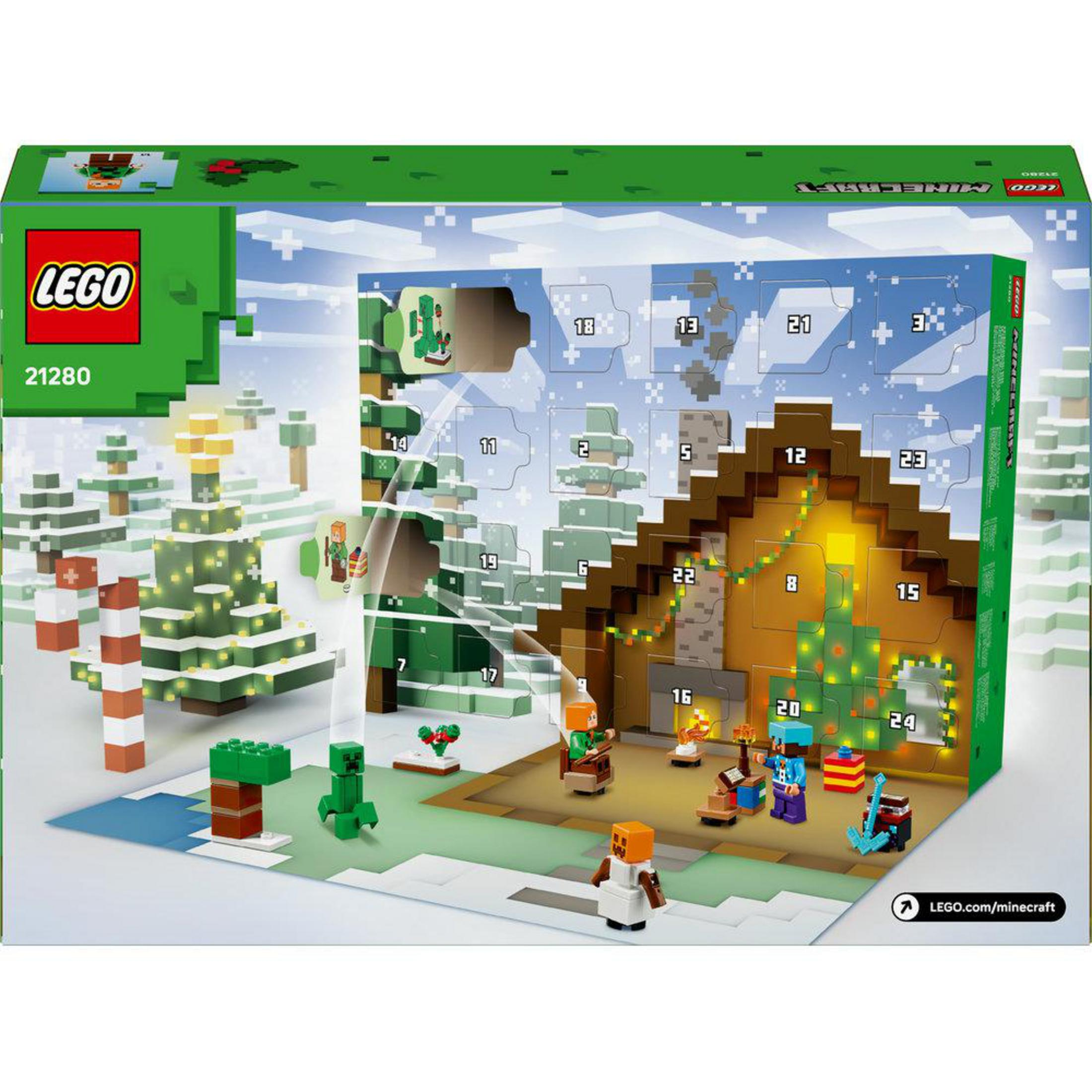 Calendario dell'Avvento LEGO Minecraft con figure e alberi in paesaggio innevato.