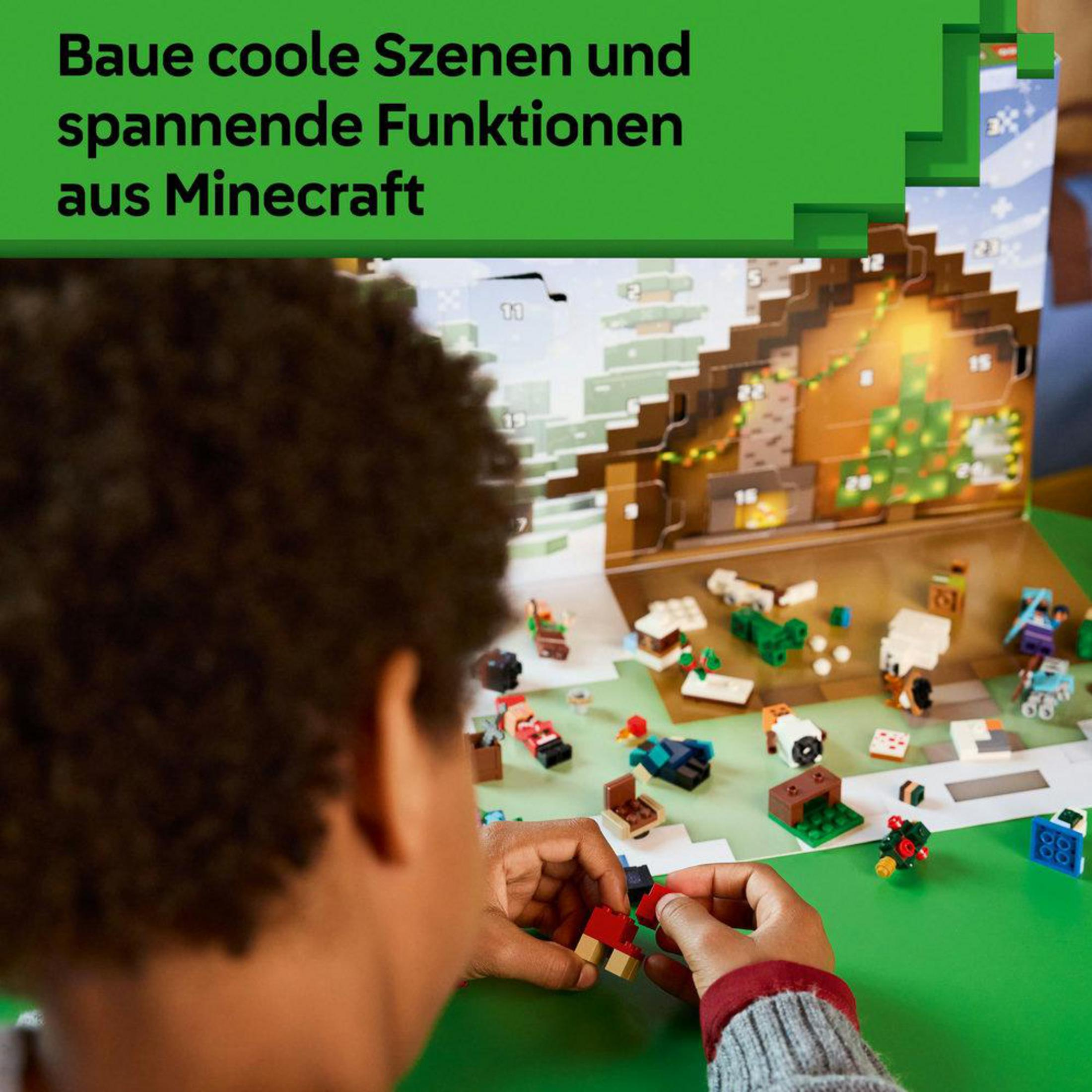Bambino costruisce figure di Minecraft con mattoncini Lego davanti a un calendario dell'Avvento.