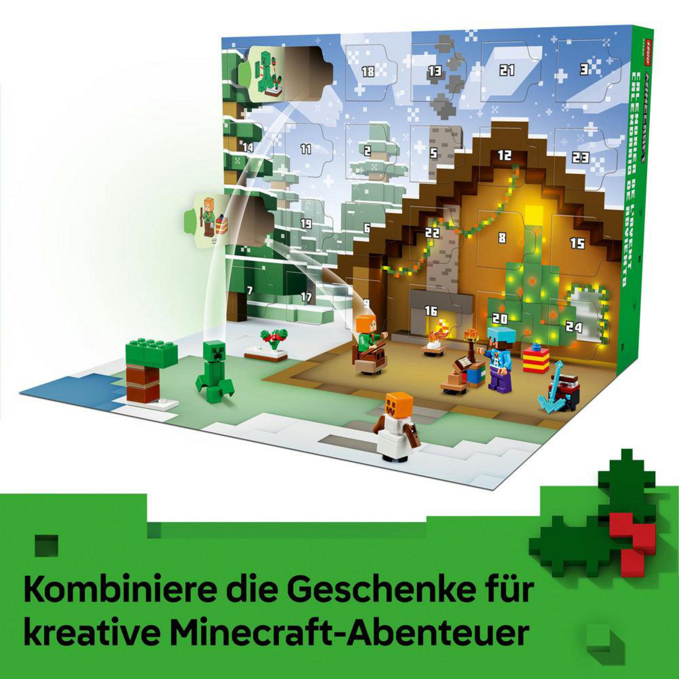 Calendario dell'Avvento Minecraft con figure e scene davanti a una casa invernale.