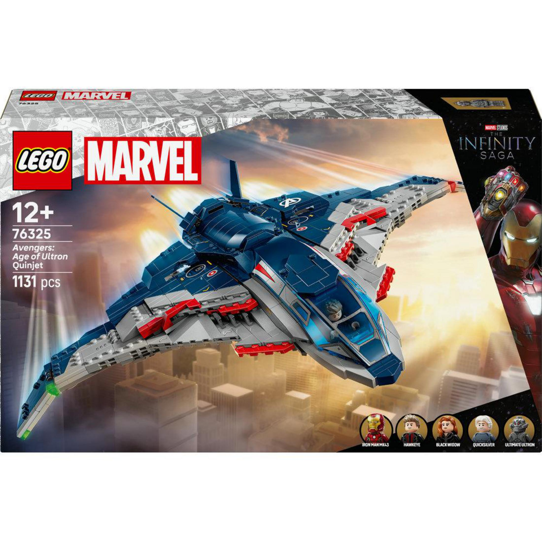 Set LEGO Marvel Quinjet con Iron Man e logo Infinity Saga.