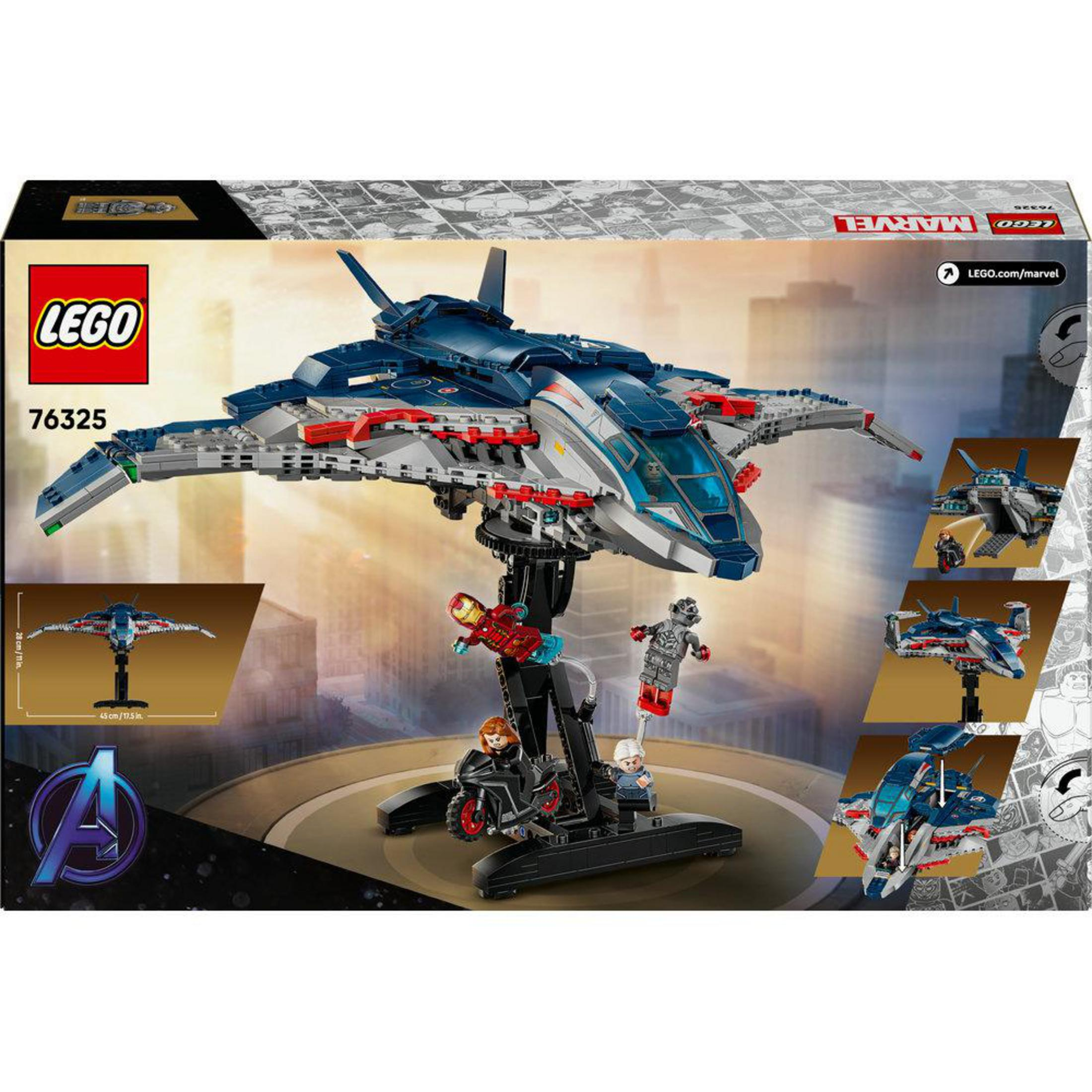 Lego Marvel Quinjet con minifigure di Iron Man, Vedova Nera e Ultron.