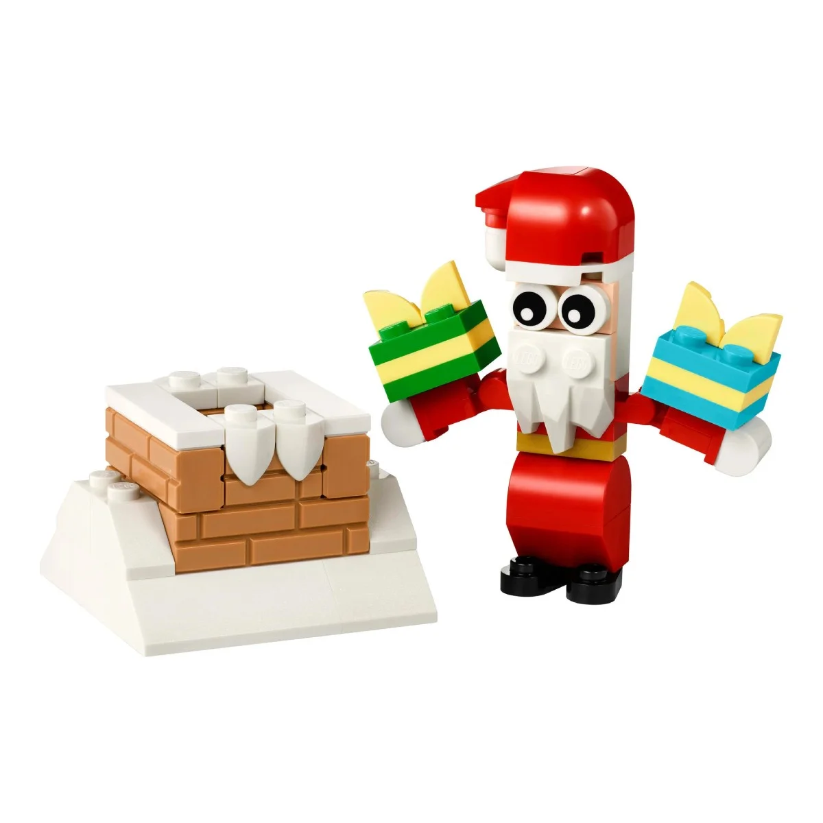 Un Babbo Natale Lego con regali accanto a un camino in mattoni coperto di neve.