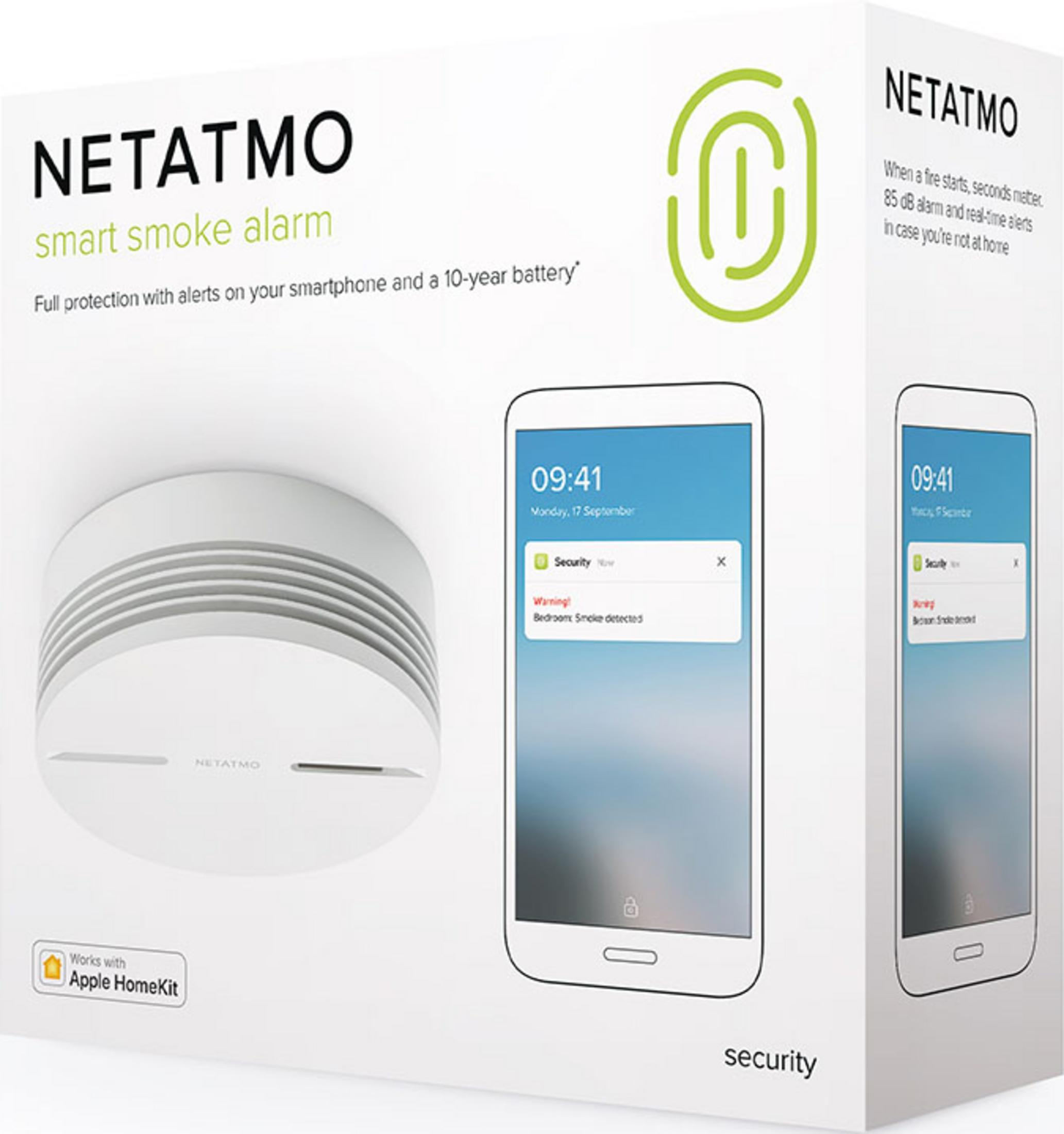 Packaging of a white smoke alarm with smartphone alerts.