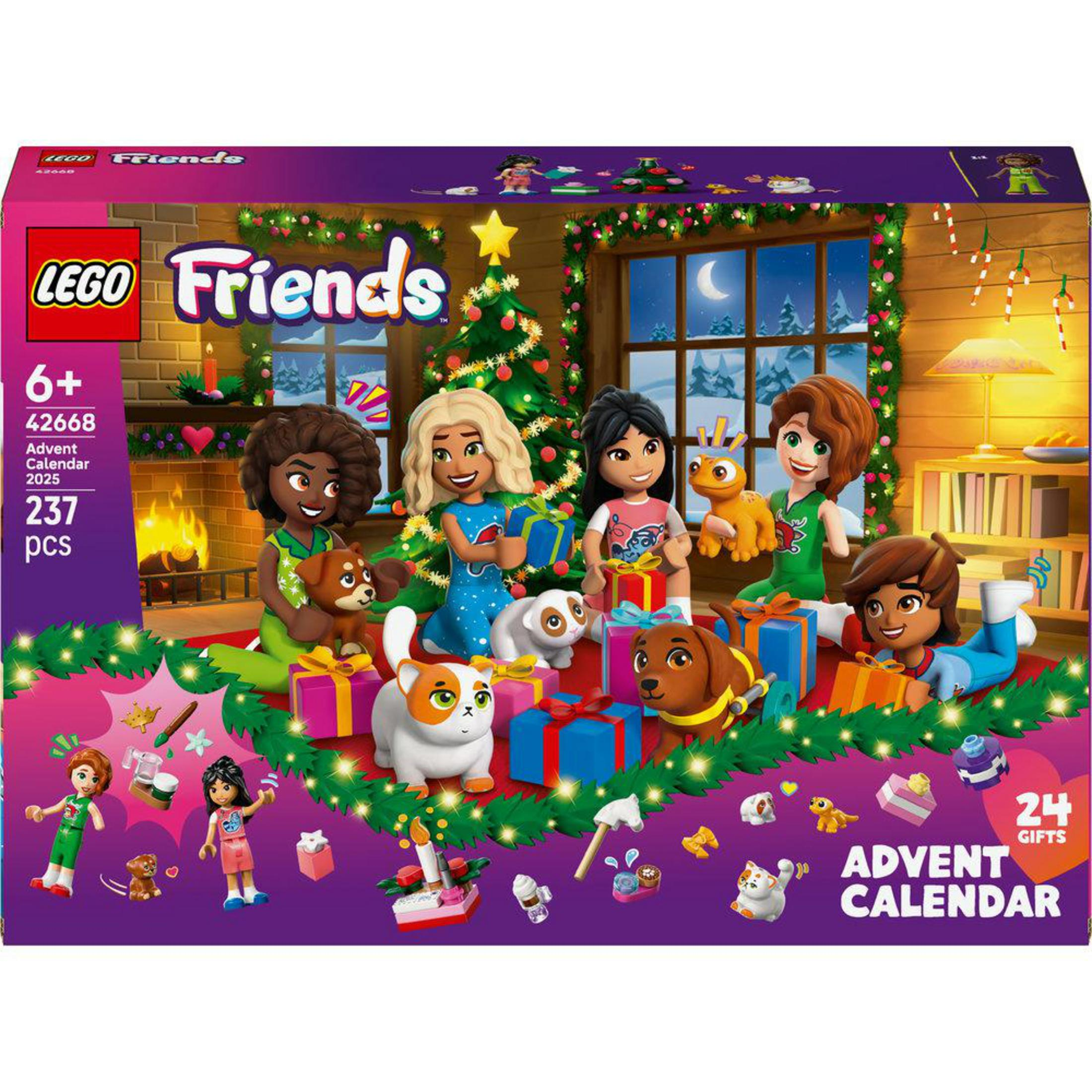 LEGO Friends Adventskalender met figuren, dieren en cadeaus voor een open haard.