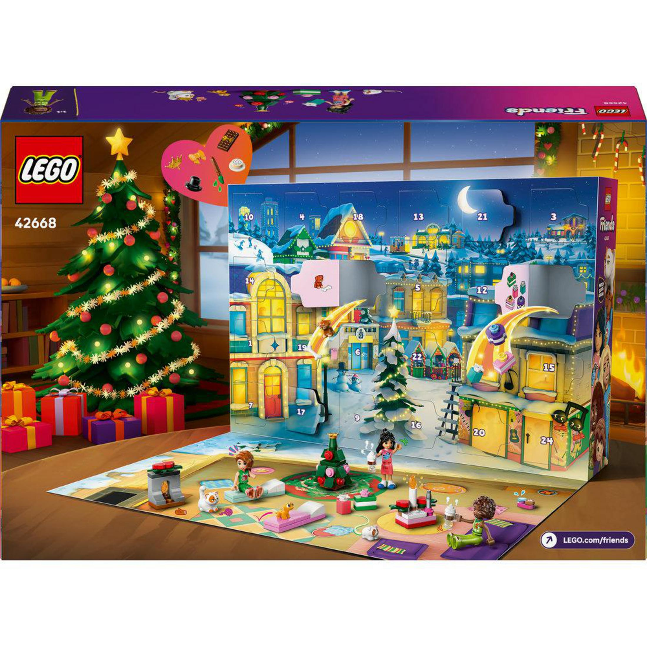 LEGO adventskalender met kerstboom, cadeaus en stadsgezicht.