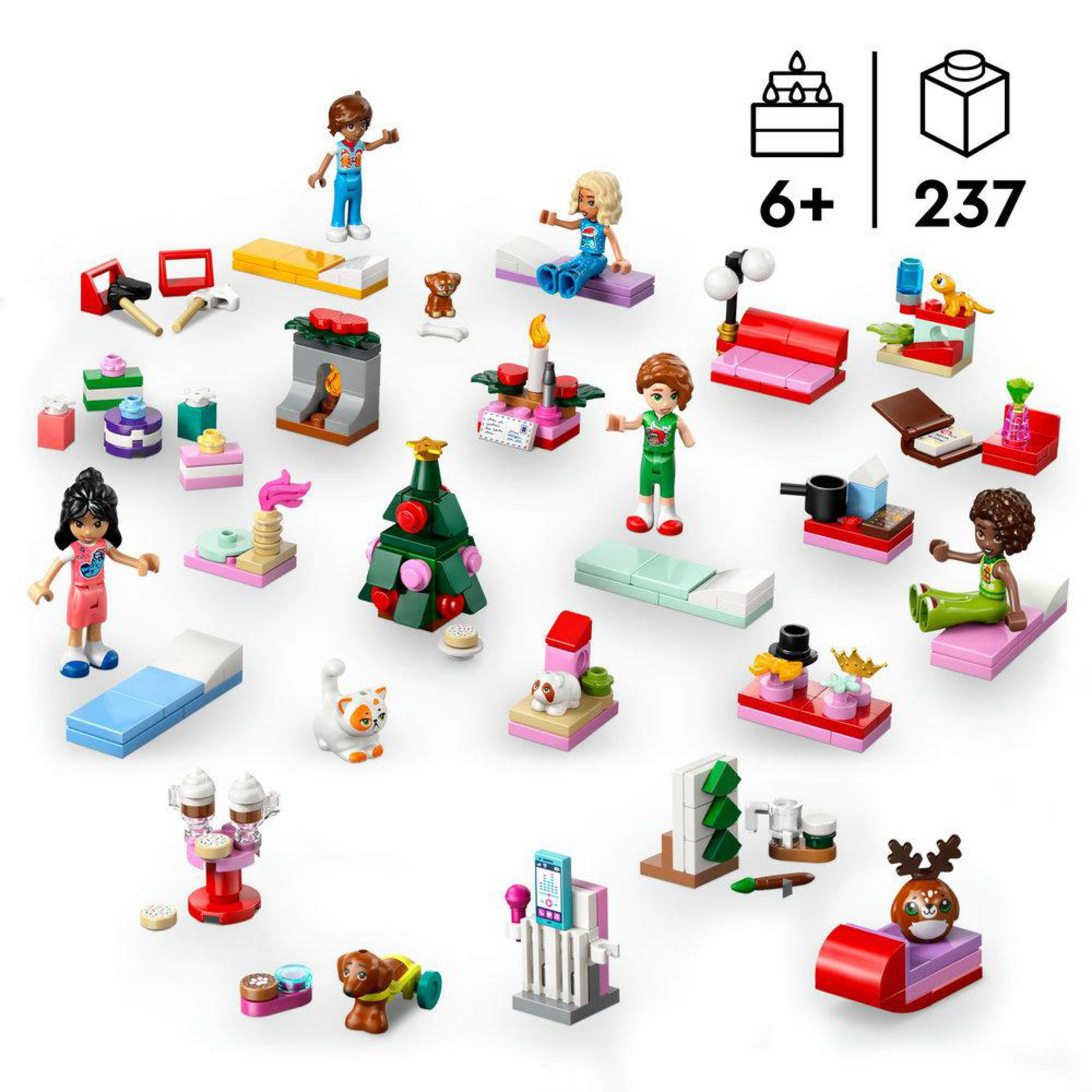 Kleurrijke Lego-figuren en accessoires, waaronder een kerstboom, dieren en meubels.