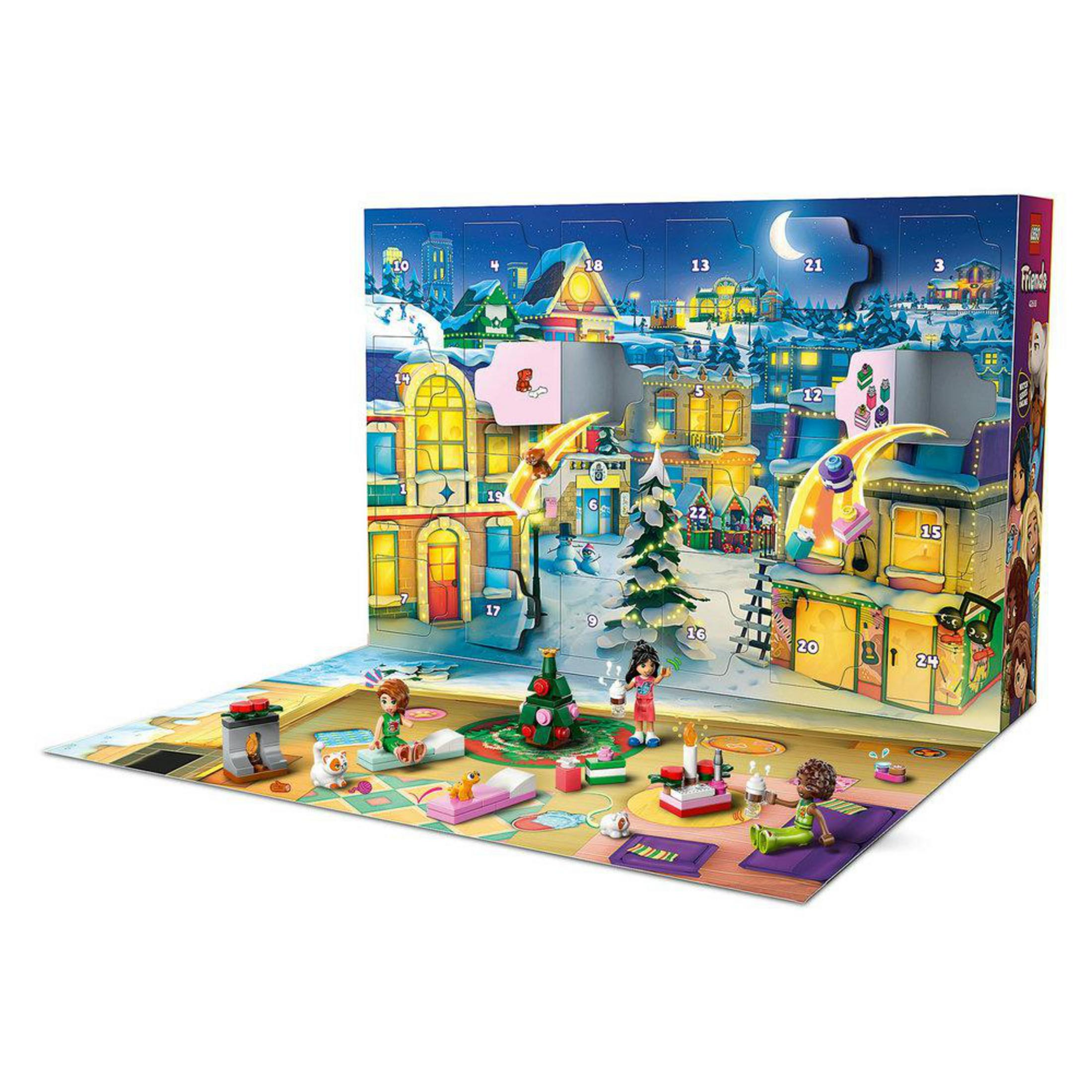 Een LEGO Friends adventskalender met figuren, kerstbomen en huizen.
