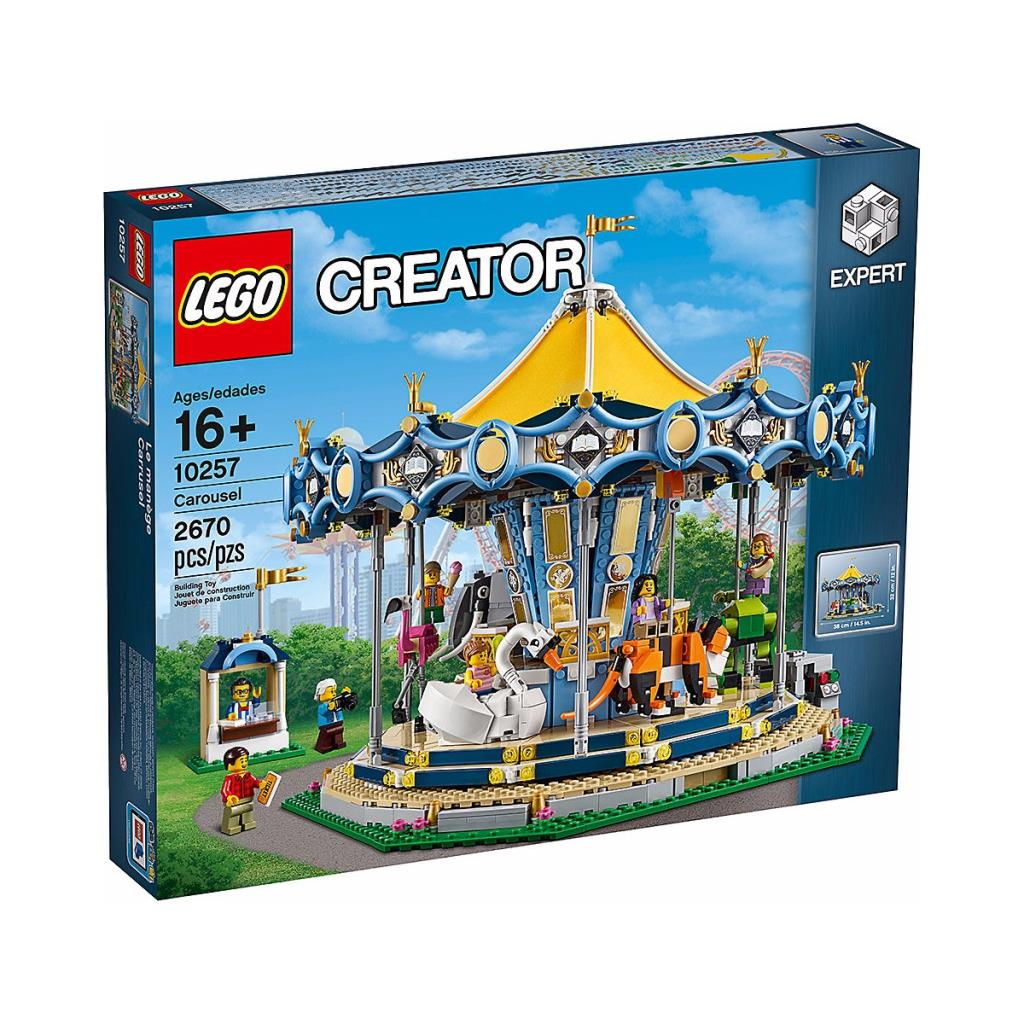 Ensemble de carrousel LEGO Creator avec figurines, animaux et guichet.
