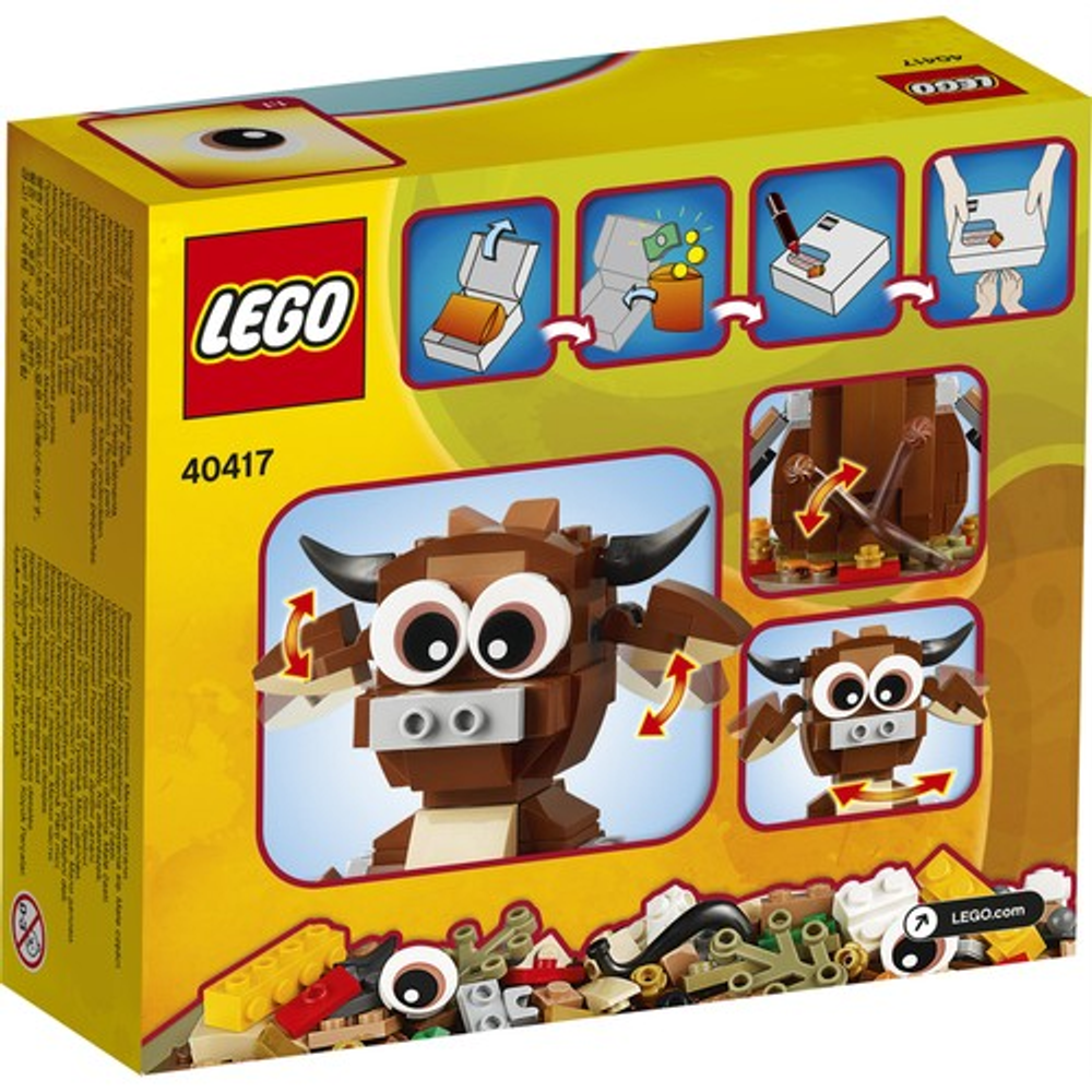 Scatola del set Lego 40417 che mostra un toro marrone e istruzioni di montaggio.