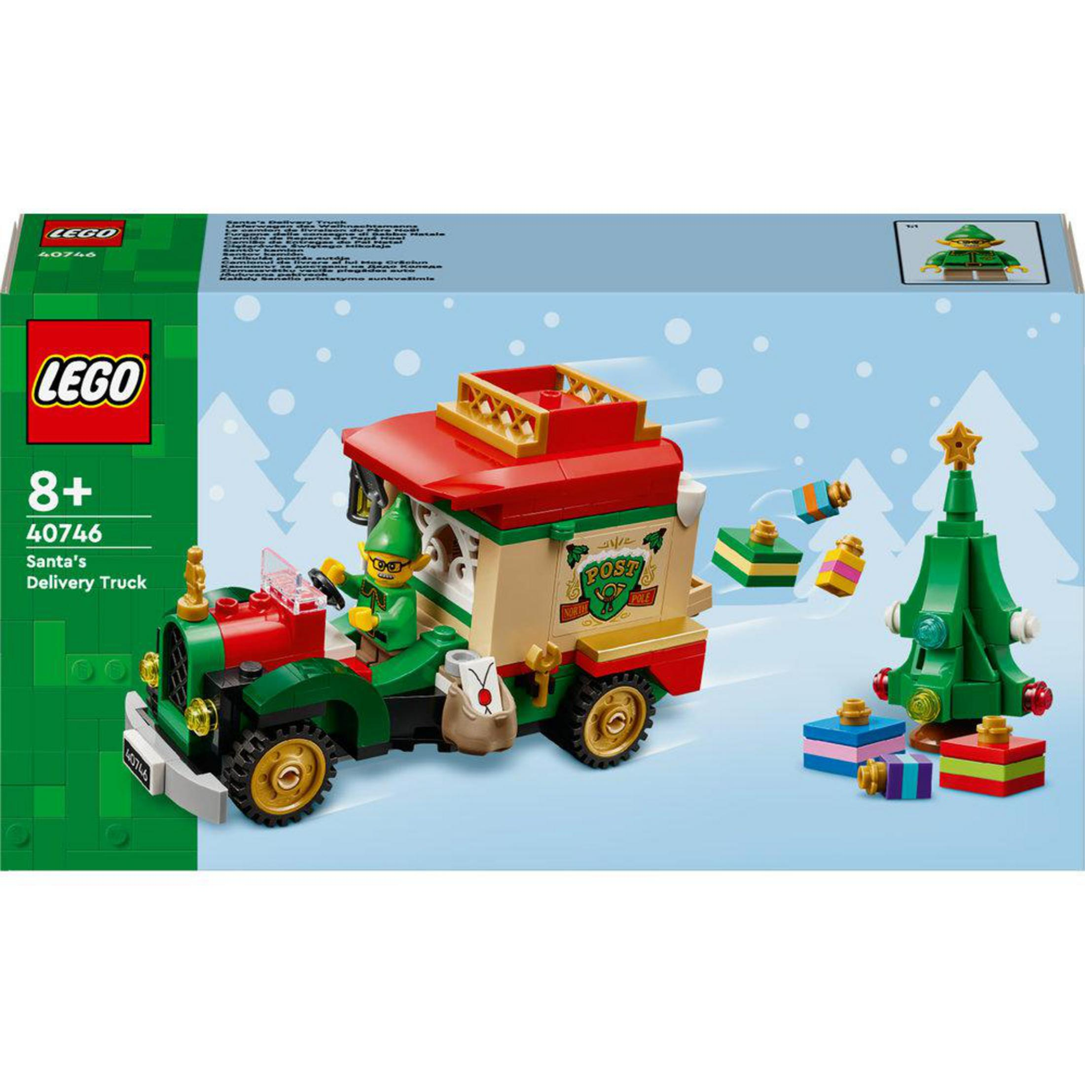 Ciężarówka Świętego Mikołaja Lego z elfem, prezentami i choinką.