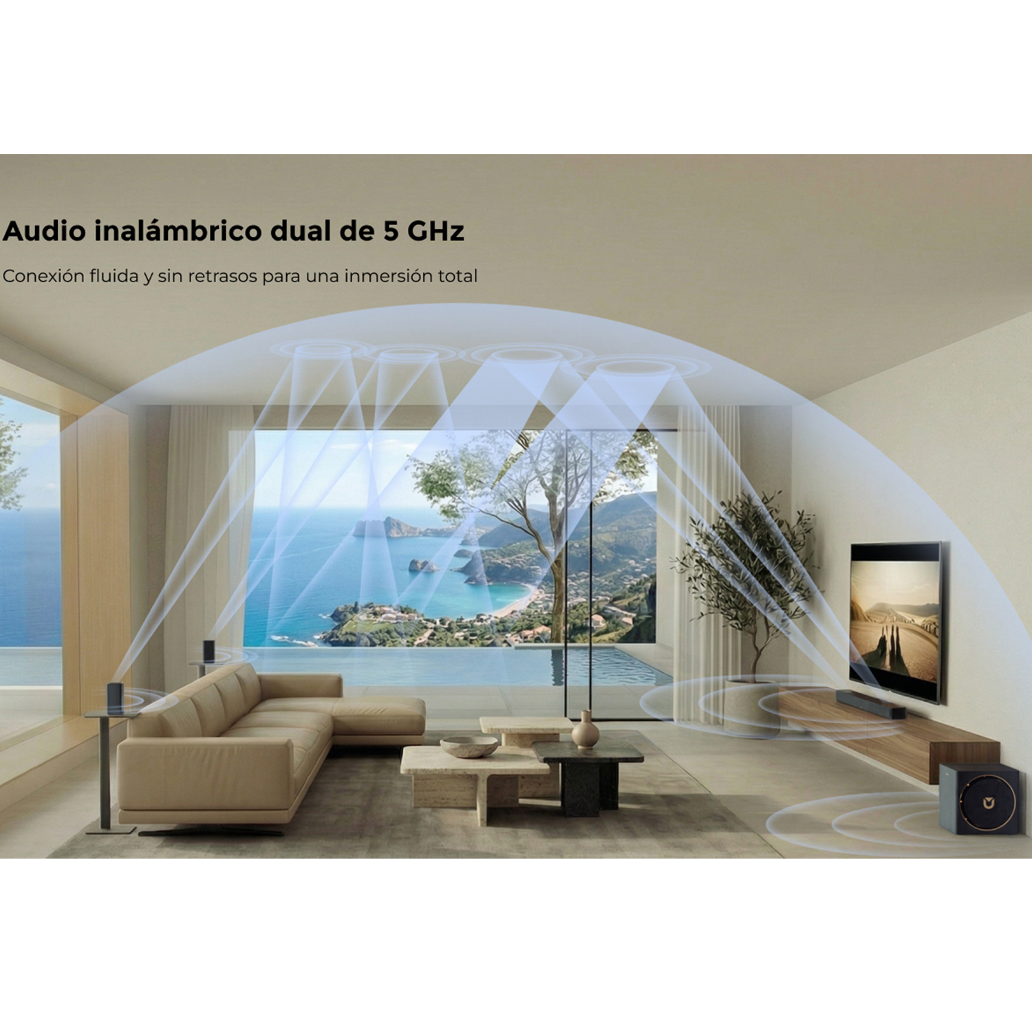 Sala de estar con sofá, TV y vista al mar, con ondas sonoras.