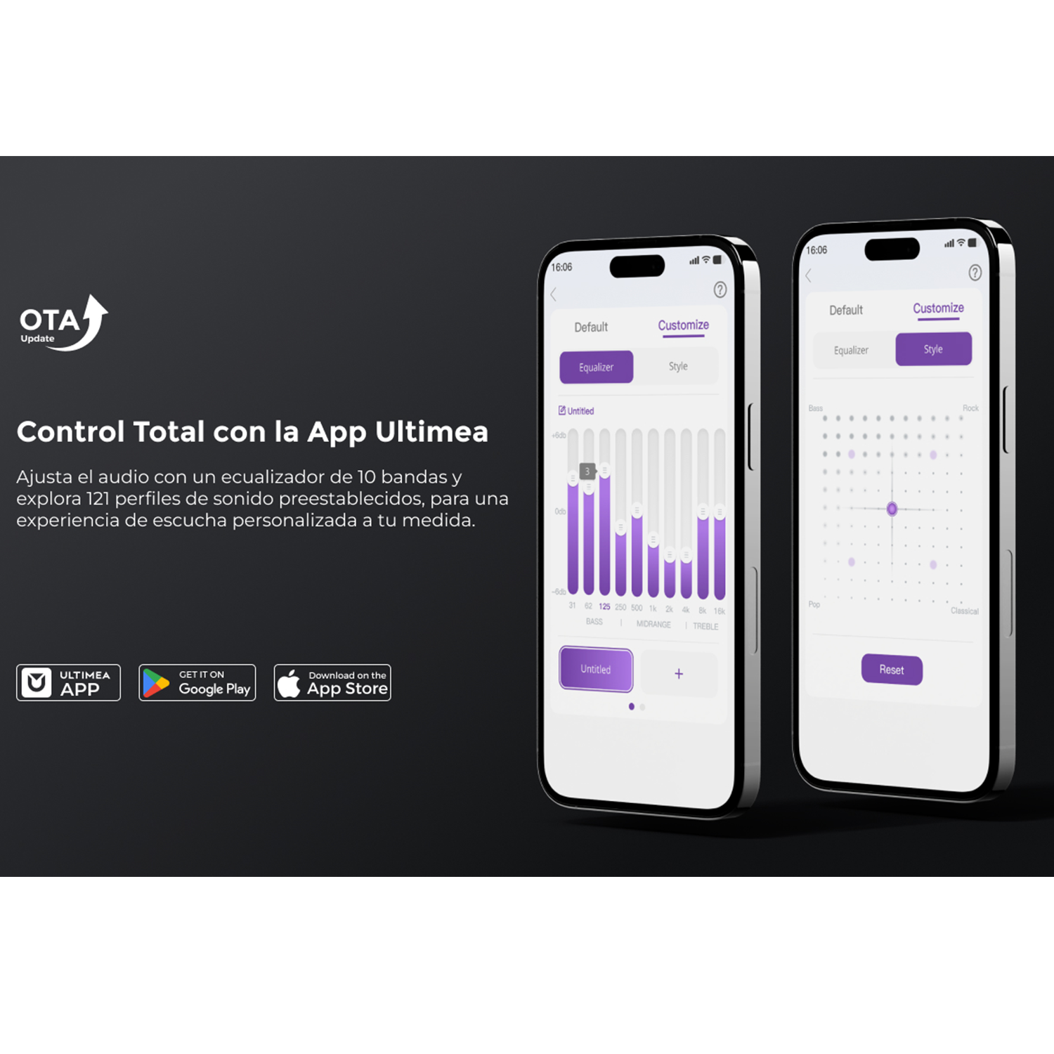 Dos iPhones muestran la app Ultimea con ajustes de ecualizador y estilo.