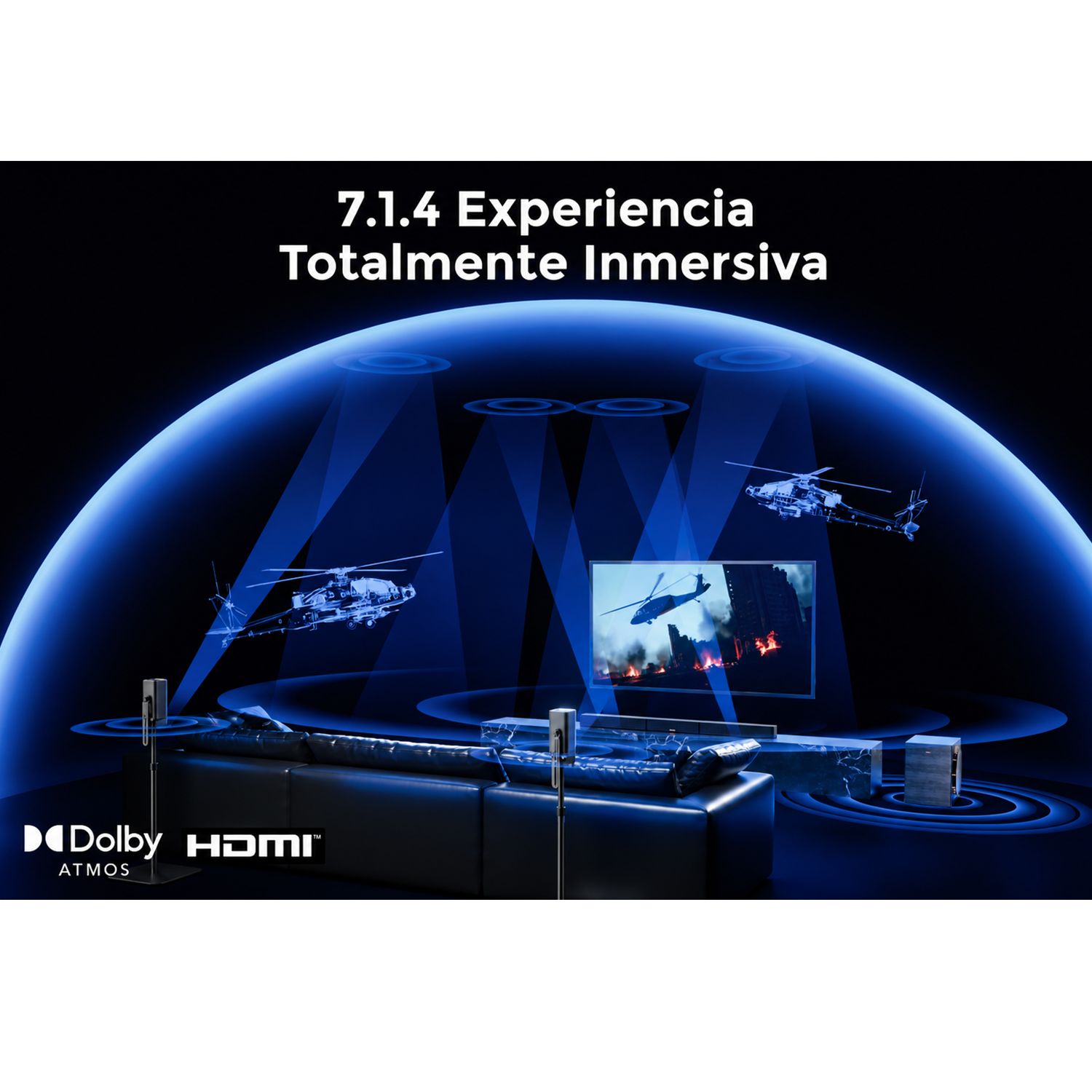Una sala de estar con sofá, TV, altavoces y helicópteros simulando audio 7.1.4.
