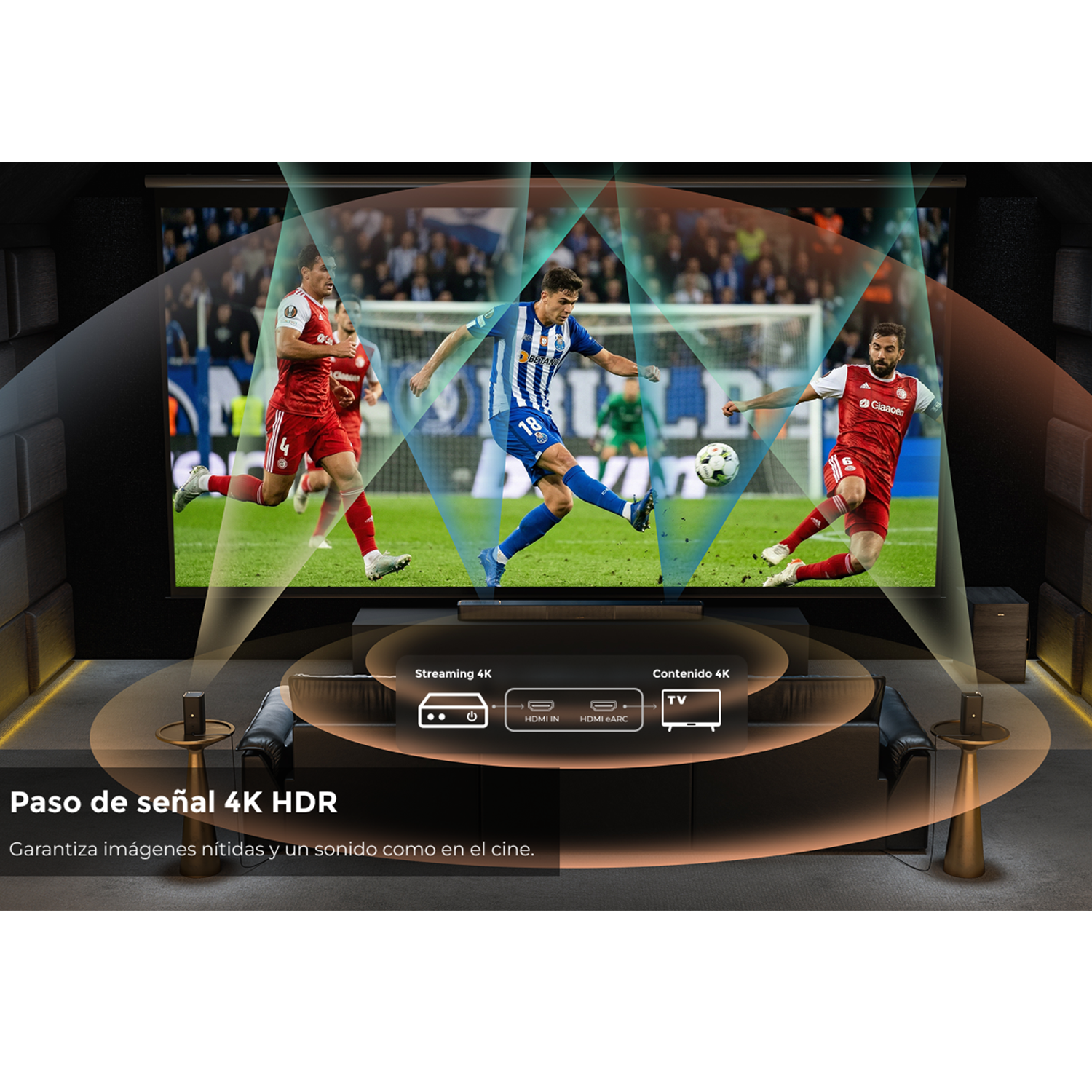 Jugadores de fútbol en pantalla, transmisión de señal 4K HDR.