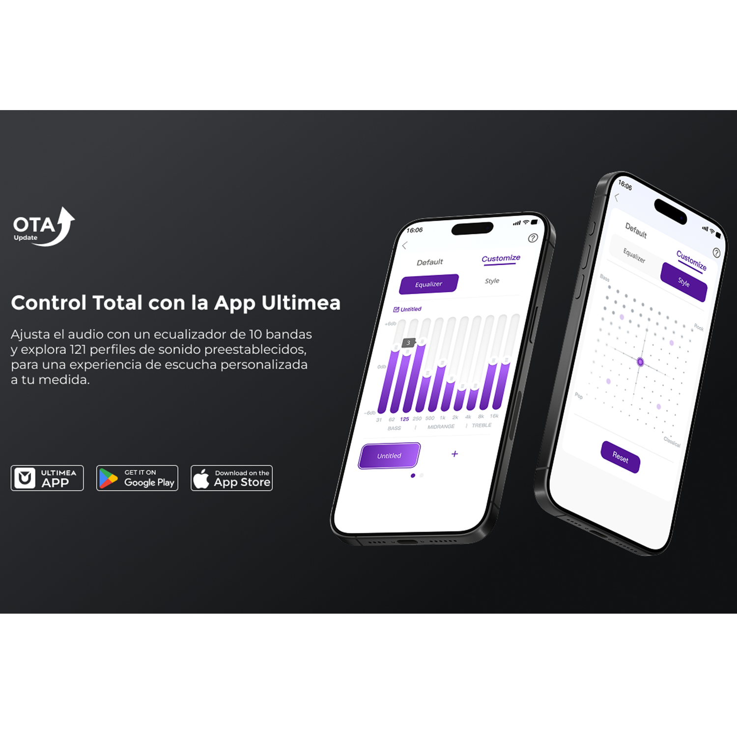 Dos smartphones muestran la app Ultimea con ajustes de ecualizador.