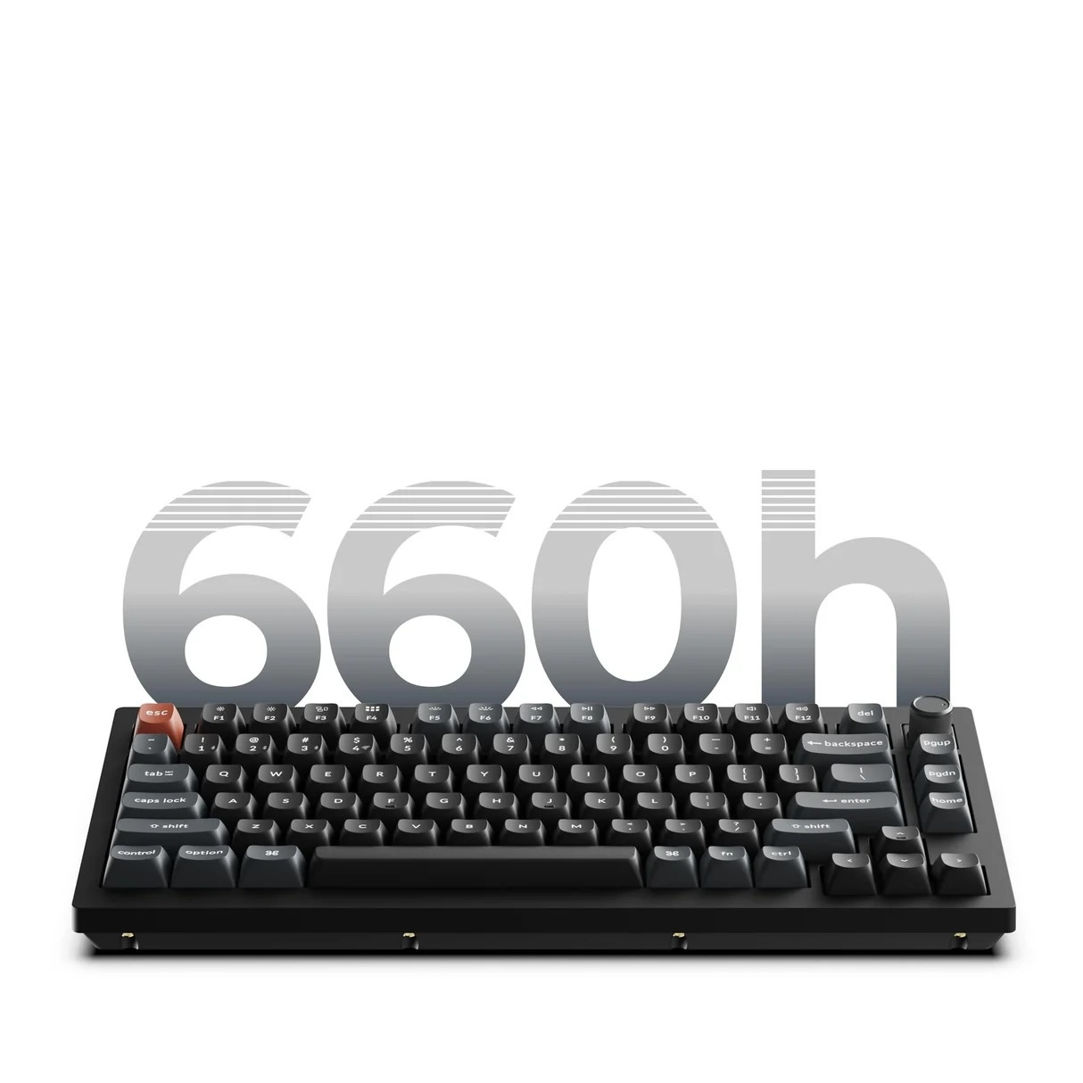 Czarna klawiatura mechaniczna z czerwoną klawiszem ESC. Za nią duży srebrny napis '660h'.