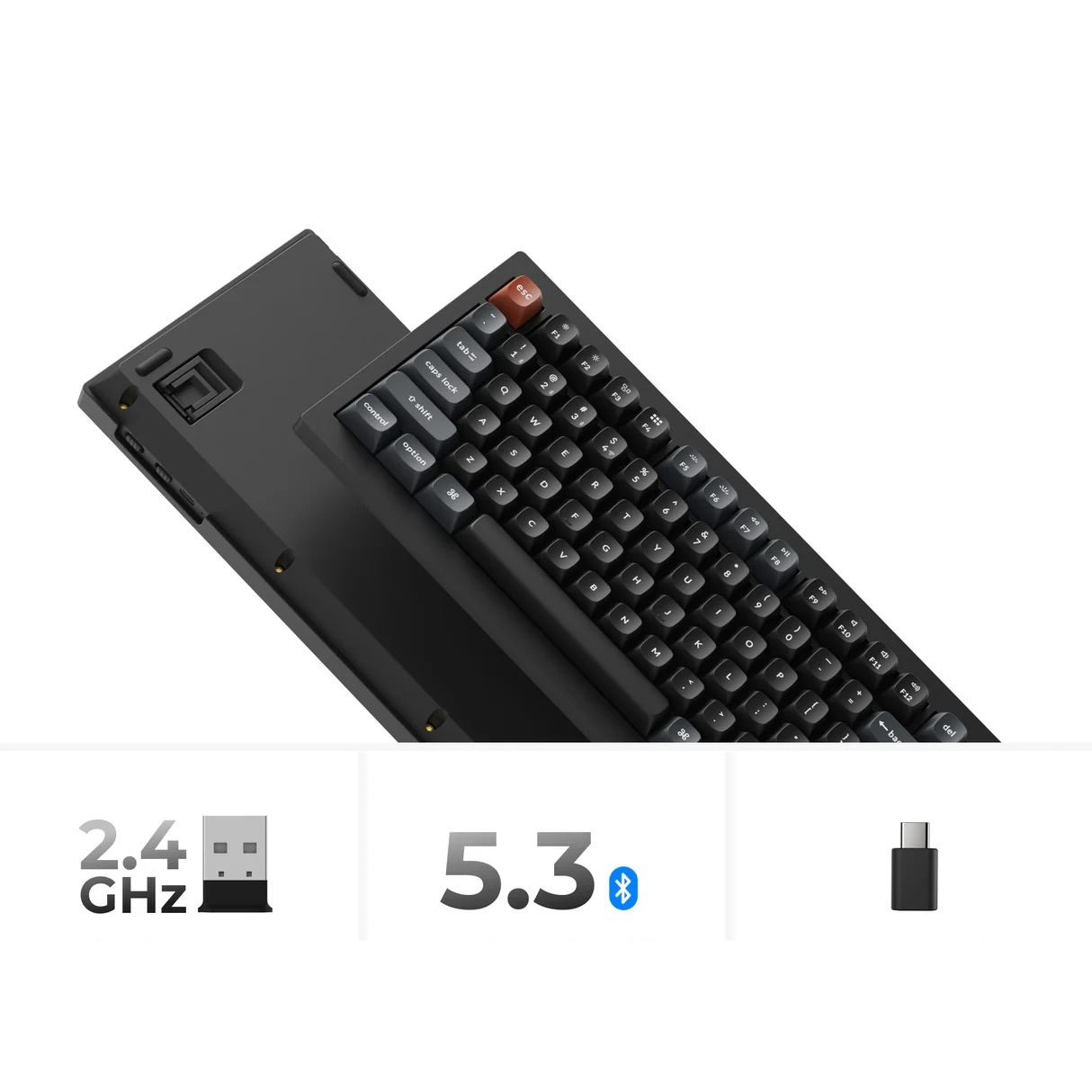 Czarna klawiatura mechaniczna z klawiszami RGB, 2.4GHz, Bluetooth 5.3, USB-C.