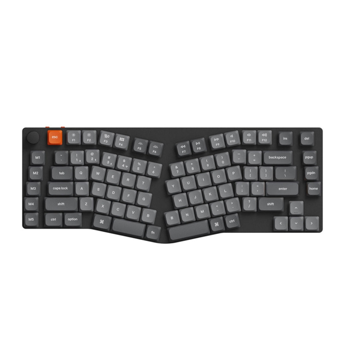 Podzielona klawiatura ergonomiczna z czarnymi klawiszami i ciemnoszarym korpusem. Klawisz ESC jest pomarańczowy.