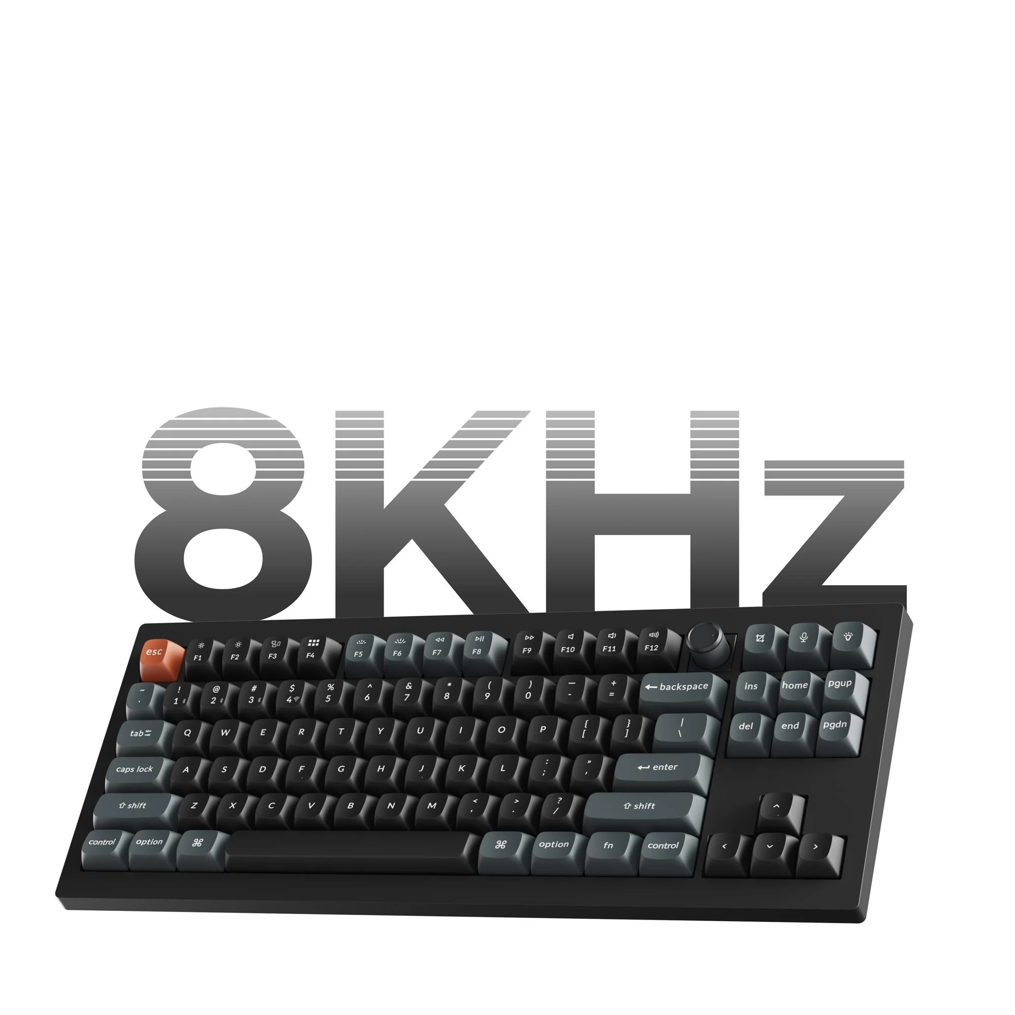 Ciemnoszara klawiatura mechaniczna z dużą grafiką "8KHz" i pomarańczowym klawiszem ESC.