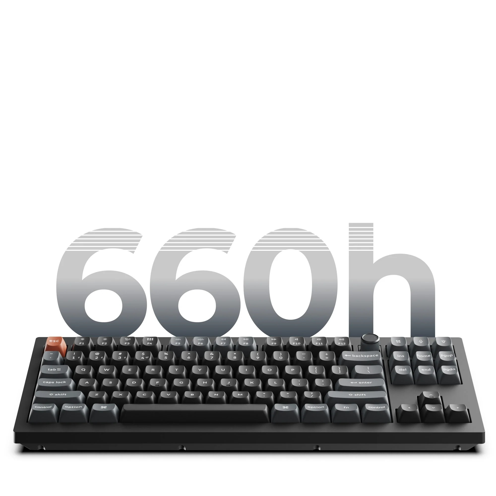 Czarna klawiatura z dużą szarą liczbą 660h w tle.