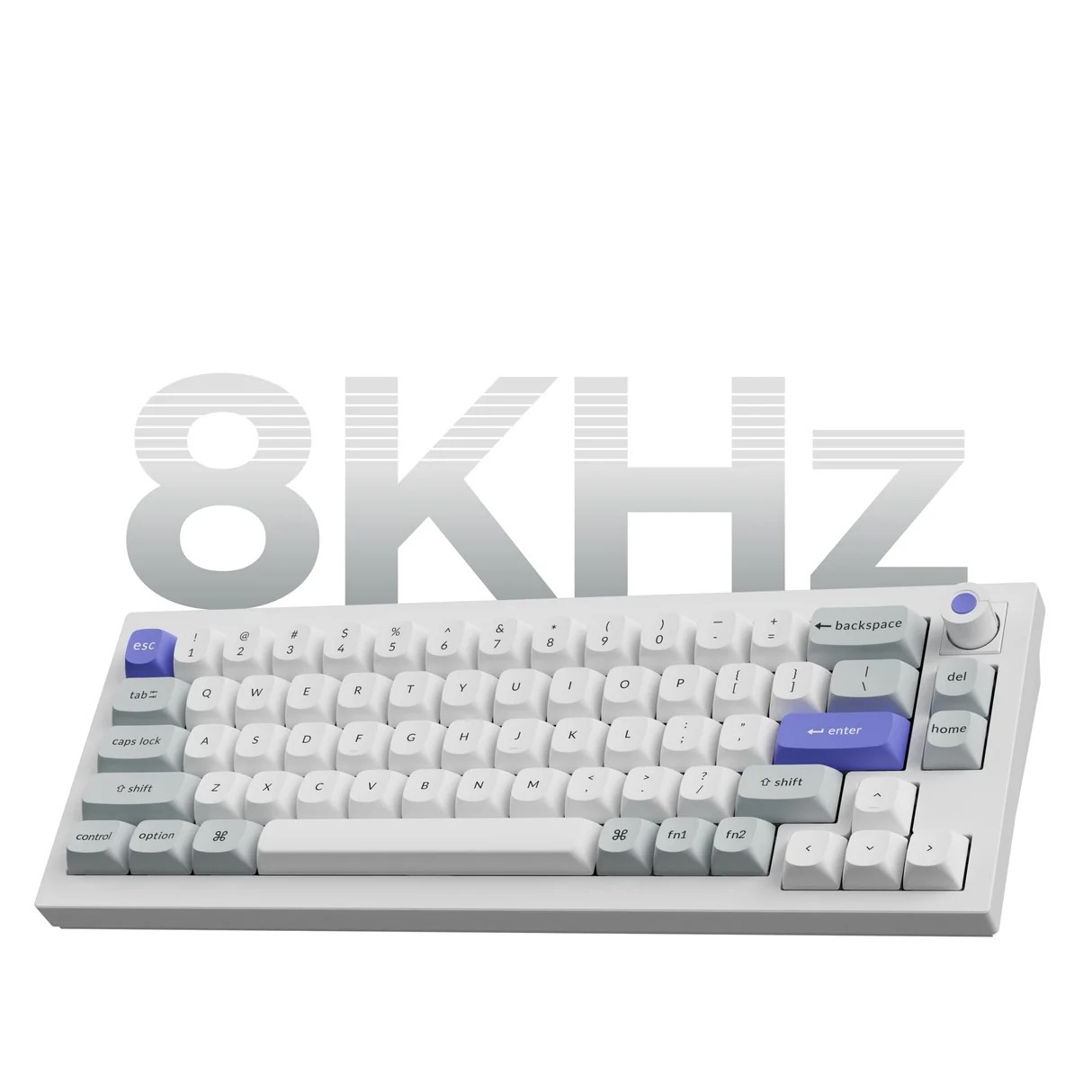 Biała klawiatura z niebieskimi i szarymi klawiszami. 8KHz w tle.