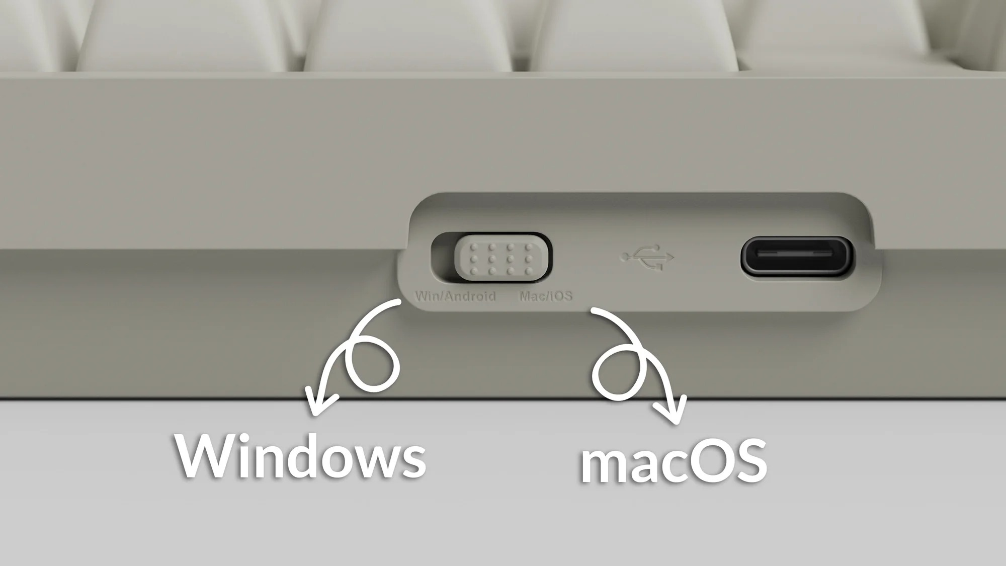 Zbliżenie na bok szarej klawiatury, pokazujące przełącznik z etykietą Win/Android i Mac/iOS.