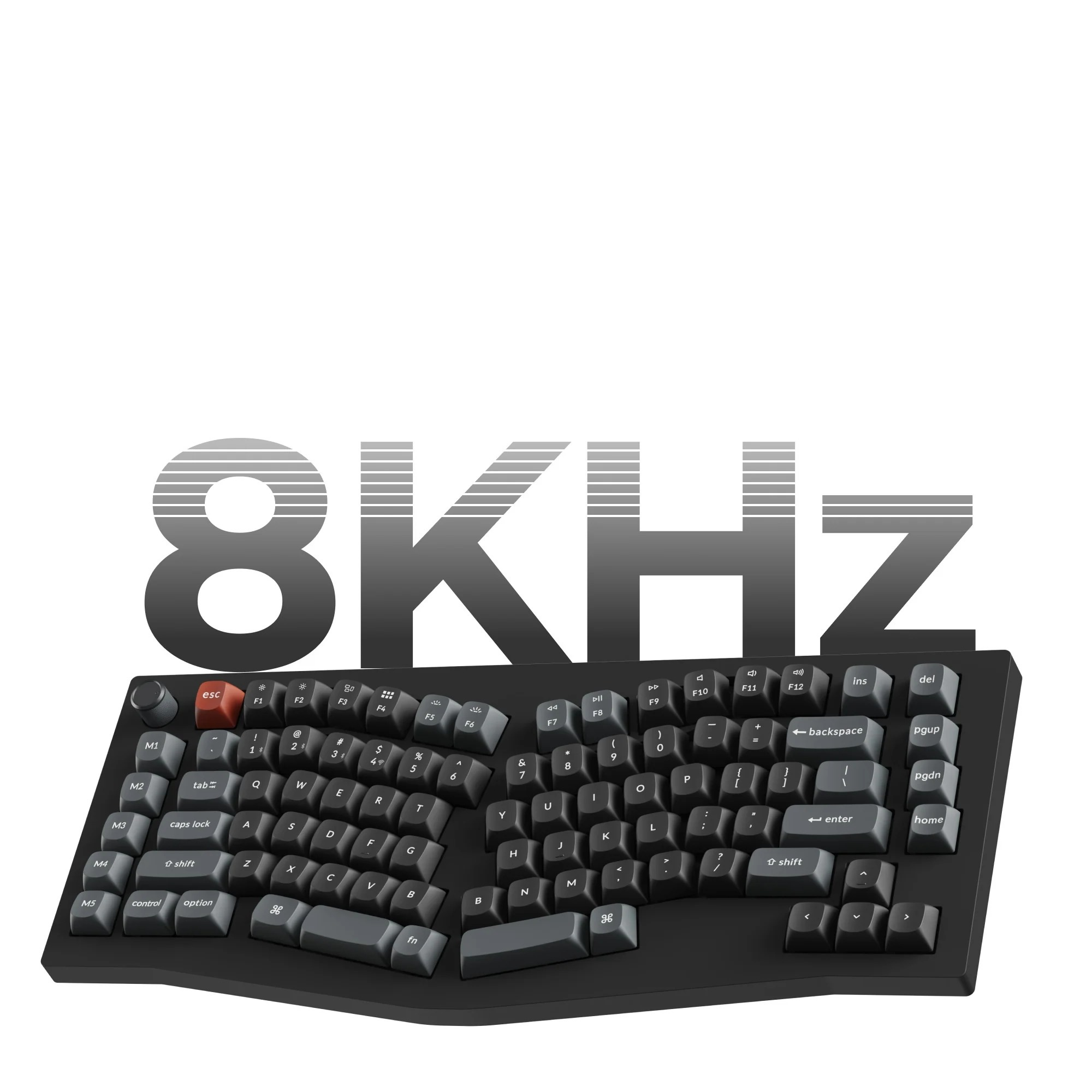 Czarna klawiatura z czerwoną klawiszem ESC i szarym logo "8KHz".