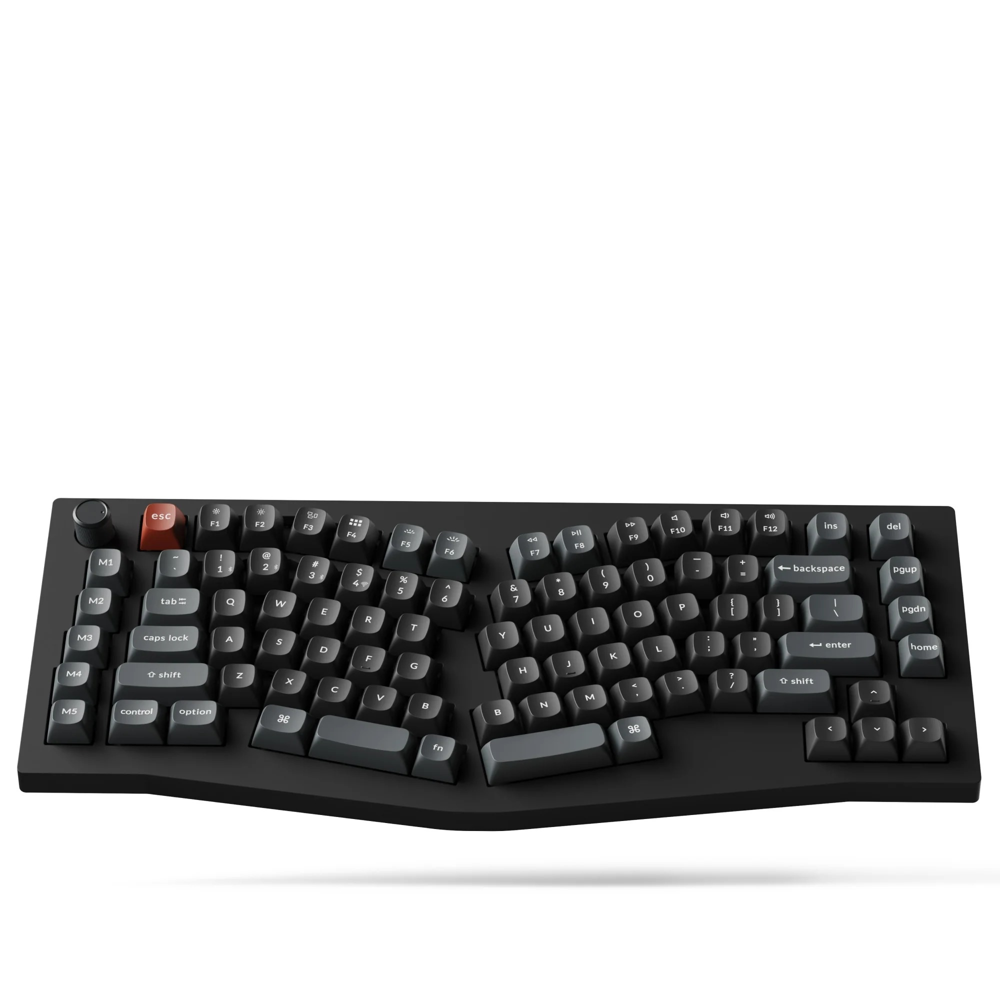 Ergonomiczna, podzielona czarna klawiatura z czerwoną klawiszem ESC i pokrętłem.