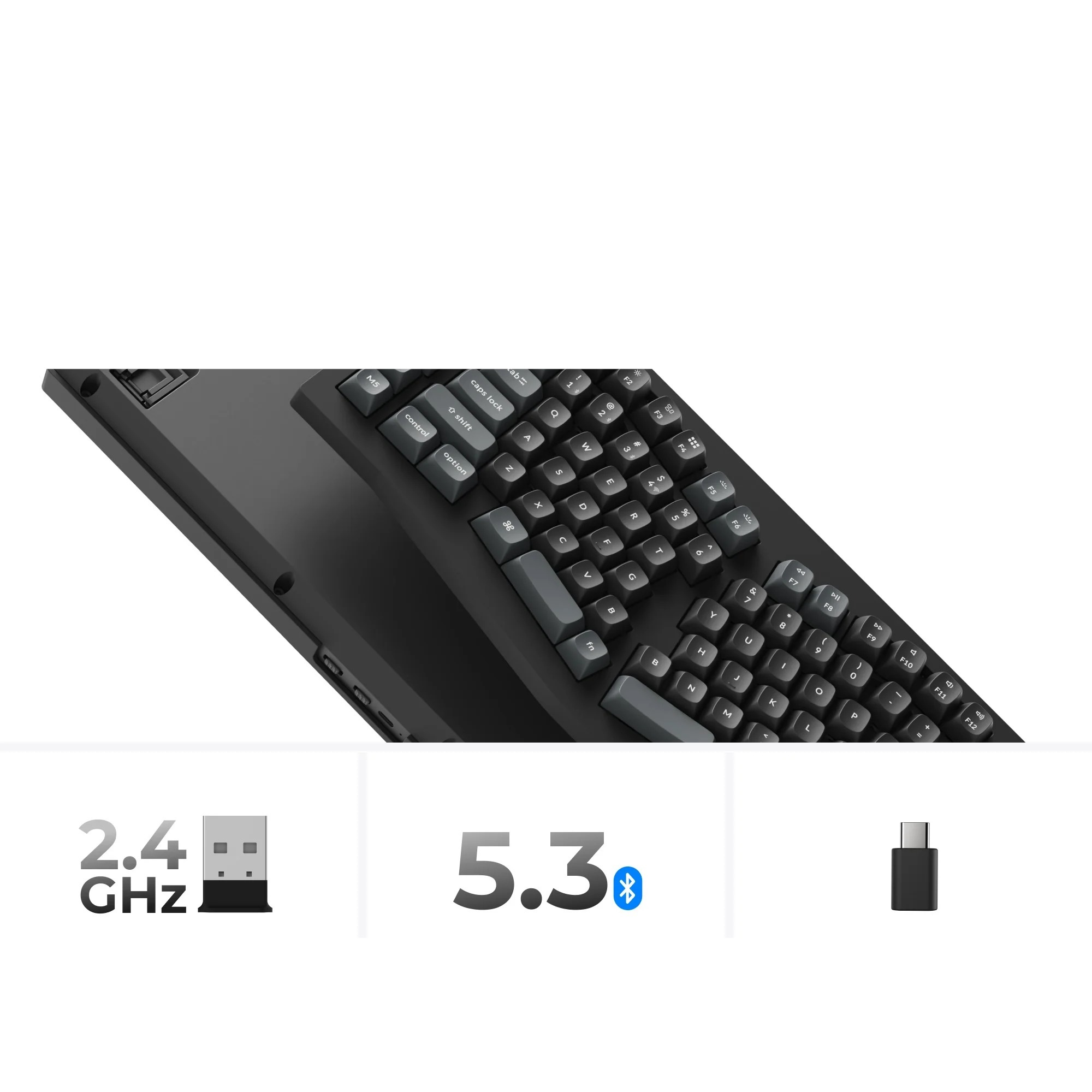 Czarna klawiatura z szarymi klawiszami, 2,4 GHz, Bluetooth 5,3, adapter USB-C.