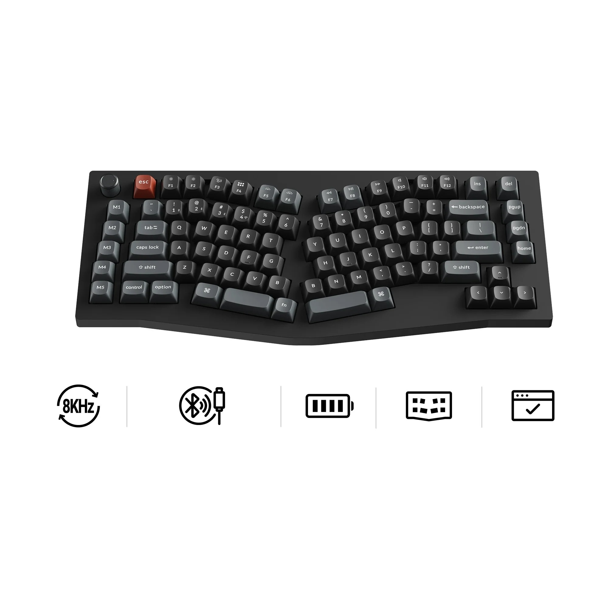 Dzielona klawiatura ergonomiczna z szarymi klawiszami i czerwoną klawiszem ESC. Ikony poniżej pokazują 8KHz, Bluetooth, baterię, ptaszek.