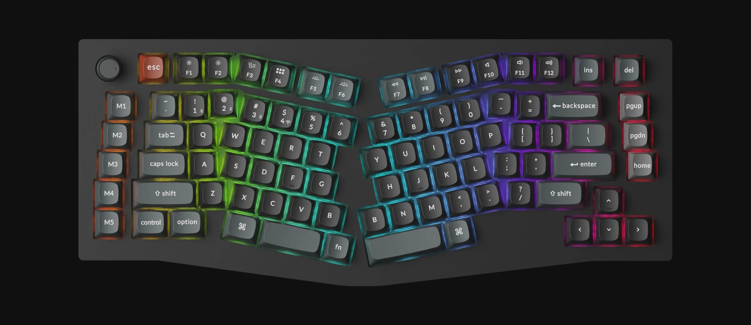 Klawiatura ergonomiczna z oświetleniem RGB i podzielonym układem.