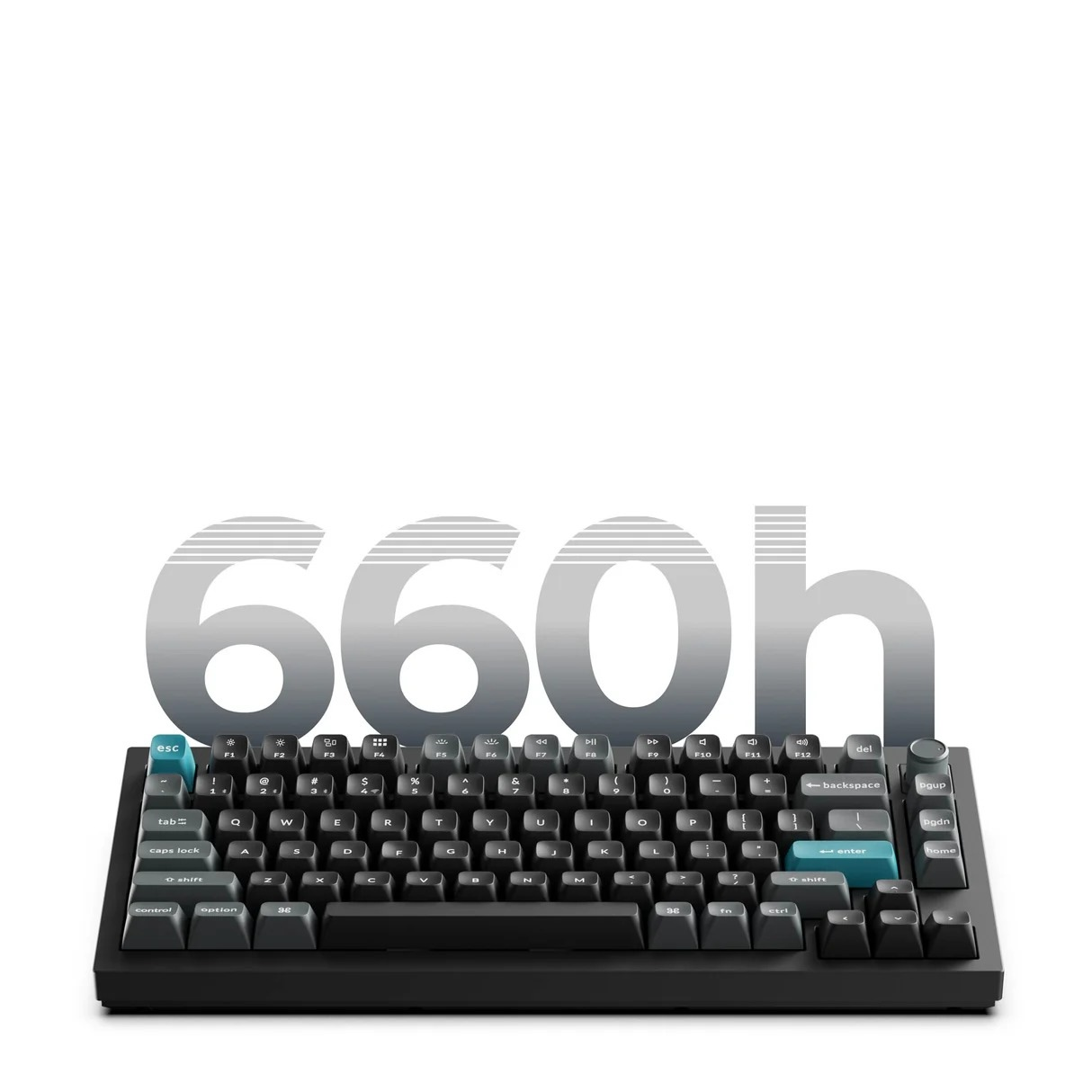 Czarna klawiatura mechaniczna z niebieskimi klawiszami Escape i Enter, pod napisem '660h'.