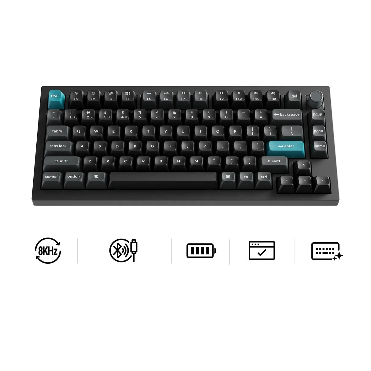Czarna klawiatura mechaniczna z niebiesko-zielonymi klawiszami ESC i Enter. Ikony pokazują 8KHz, Bluetooth, baterię.