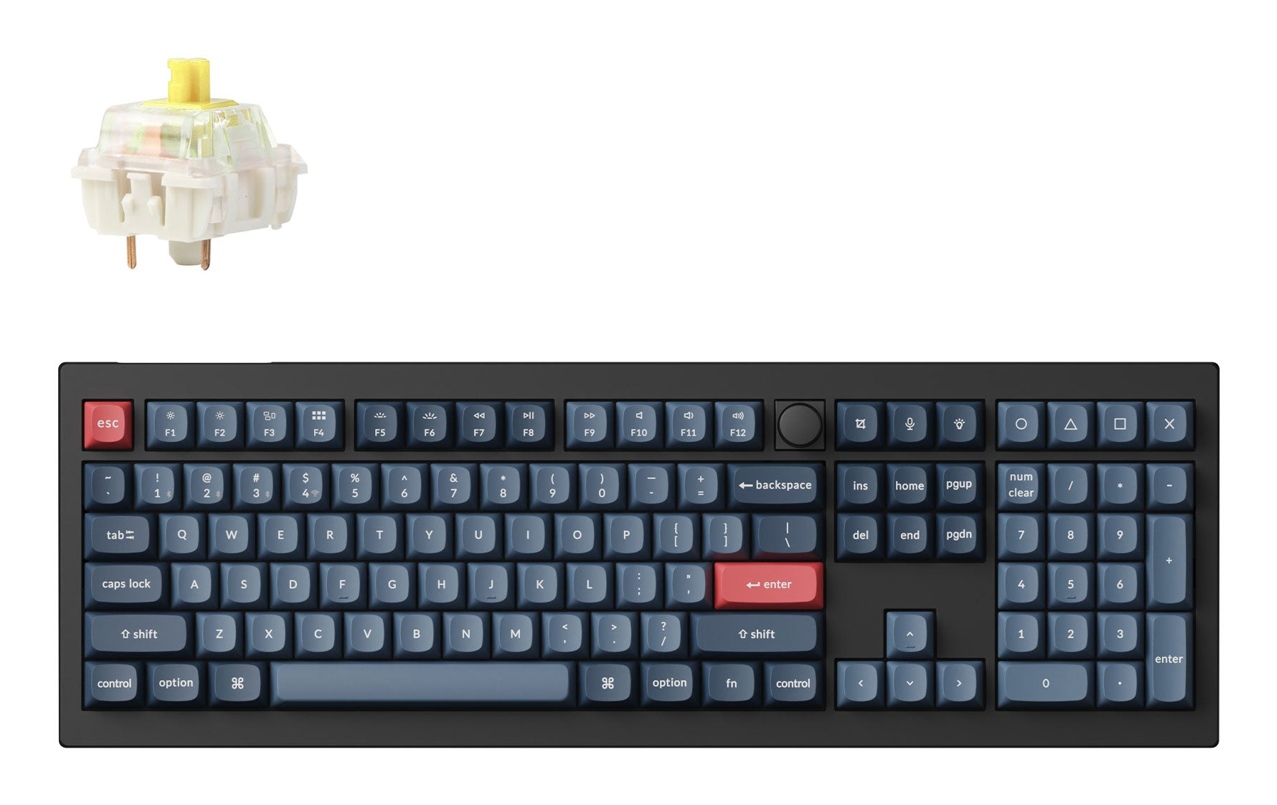 Ein gelber mechanischer Tastaturschalter und eine dunkelgraue Tastatur mit blauen Tastenkappen.