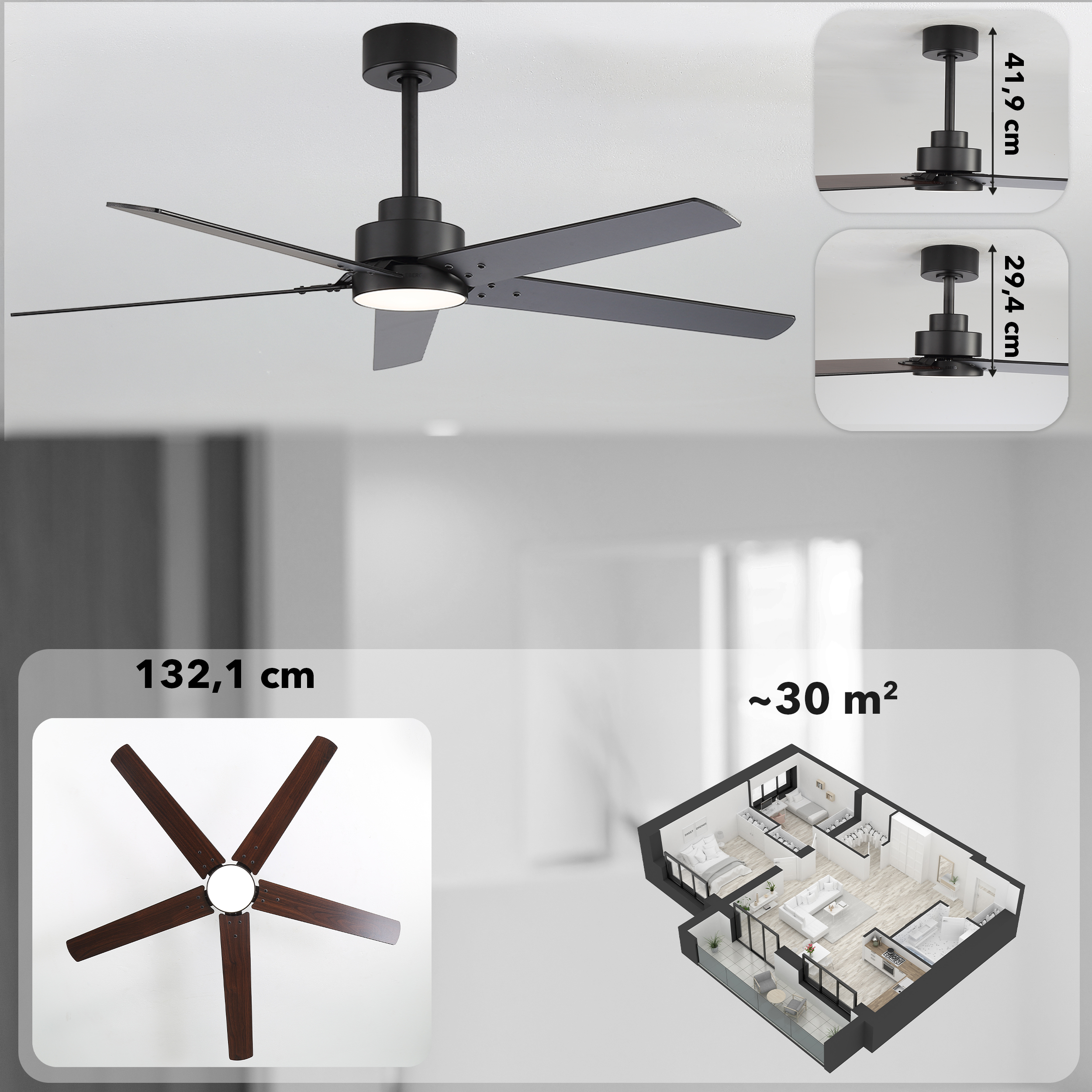 Czarny wentylator sufitowy 5 łopatkowy z oświetleniem, 132,1 cm, na ok. 30 m².