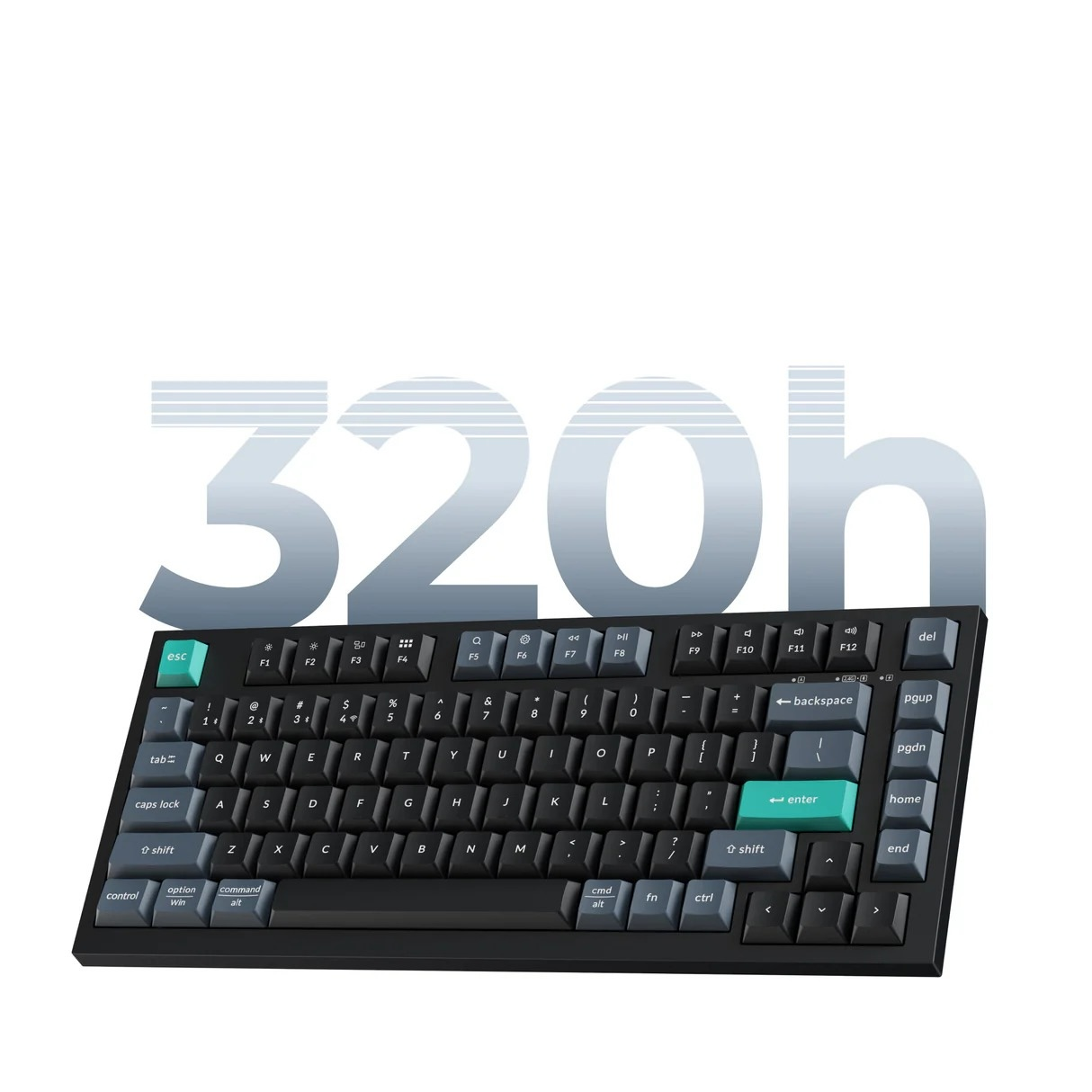 Czarna klawiatura z turkusowymi klawiszami akcentującymi i tekstem "320h".
