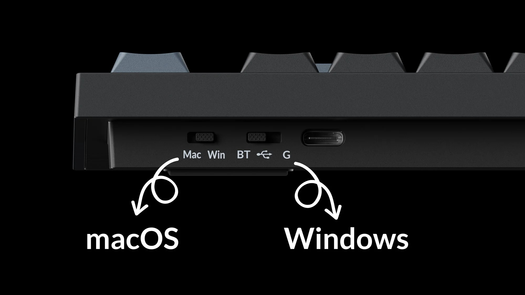 Czarna klawiatura z przełącznikami Mac, Win, BT i portem USB-C.