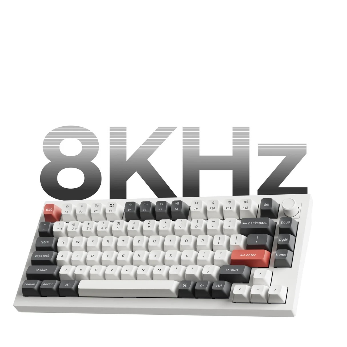 Biała klawiatura z szarymi napisami i logo 8KHz.