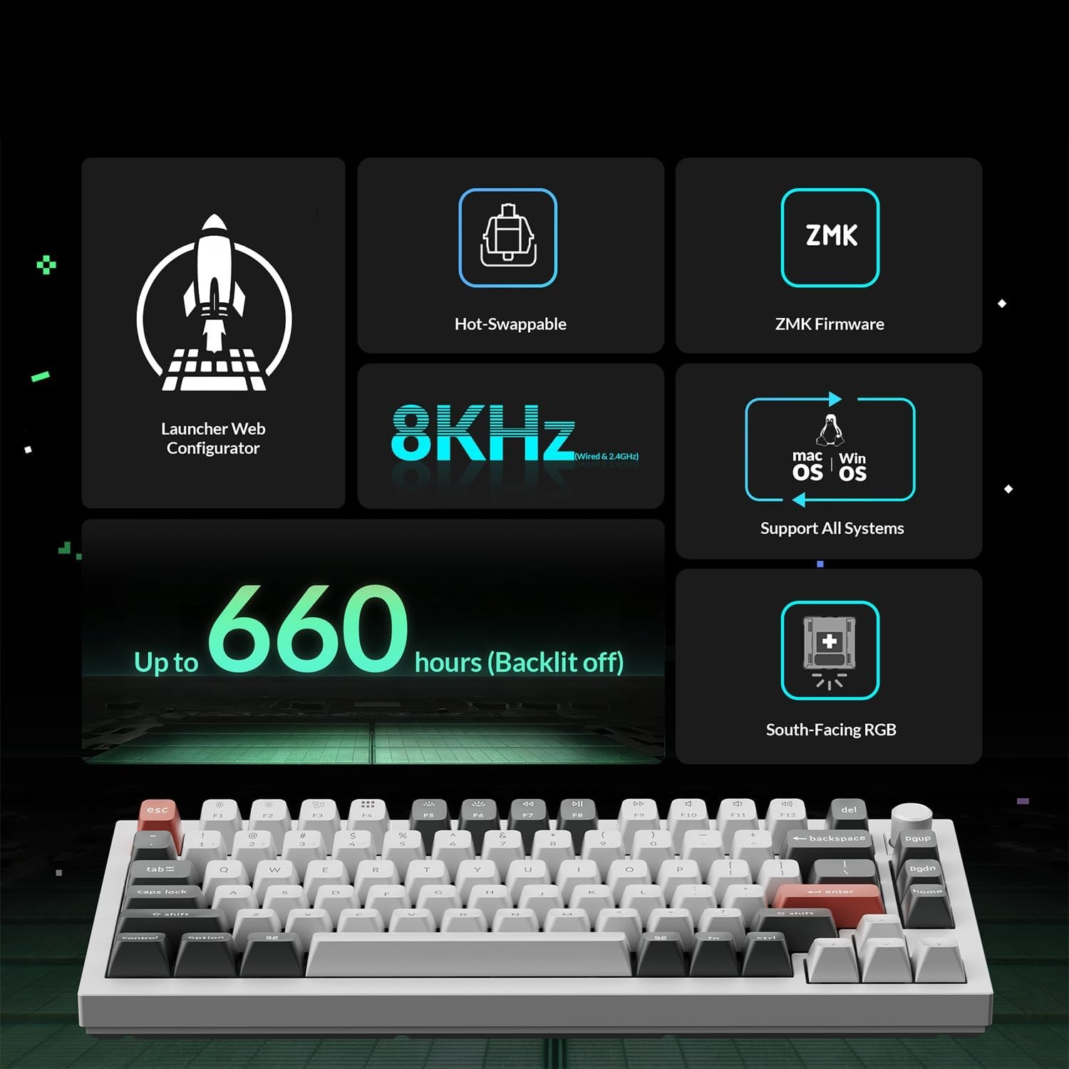 Funkcje klawiatury: Launcher, Hot-Swappable, ZMK Firmware, 8KHz, Wsparcie wszystkich systemów, 660 godzin baterii, RGB od przodu.