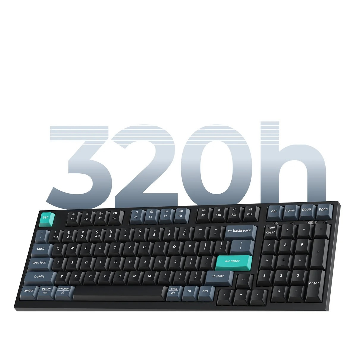 Czarna klawiatura z niebieskimi i zielonymi klawiszami przed napisem 320h.
