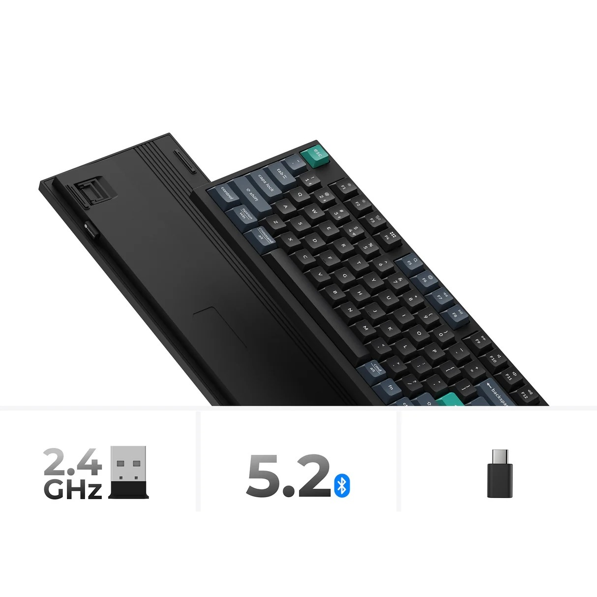 Czarna klawiatura z niebieskimi i zielonymi klawiszami, z ikonami 2,4 GHz i 5,2 GHz.