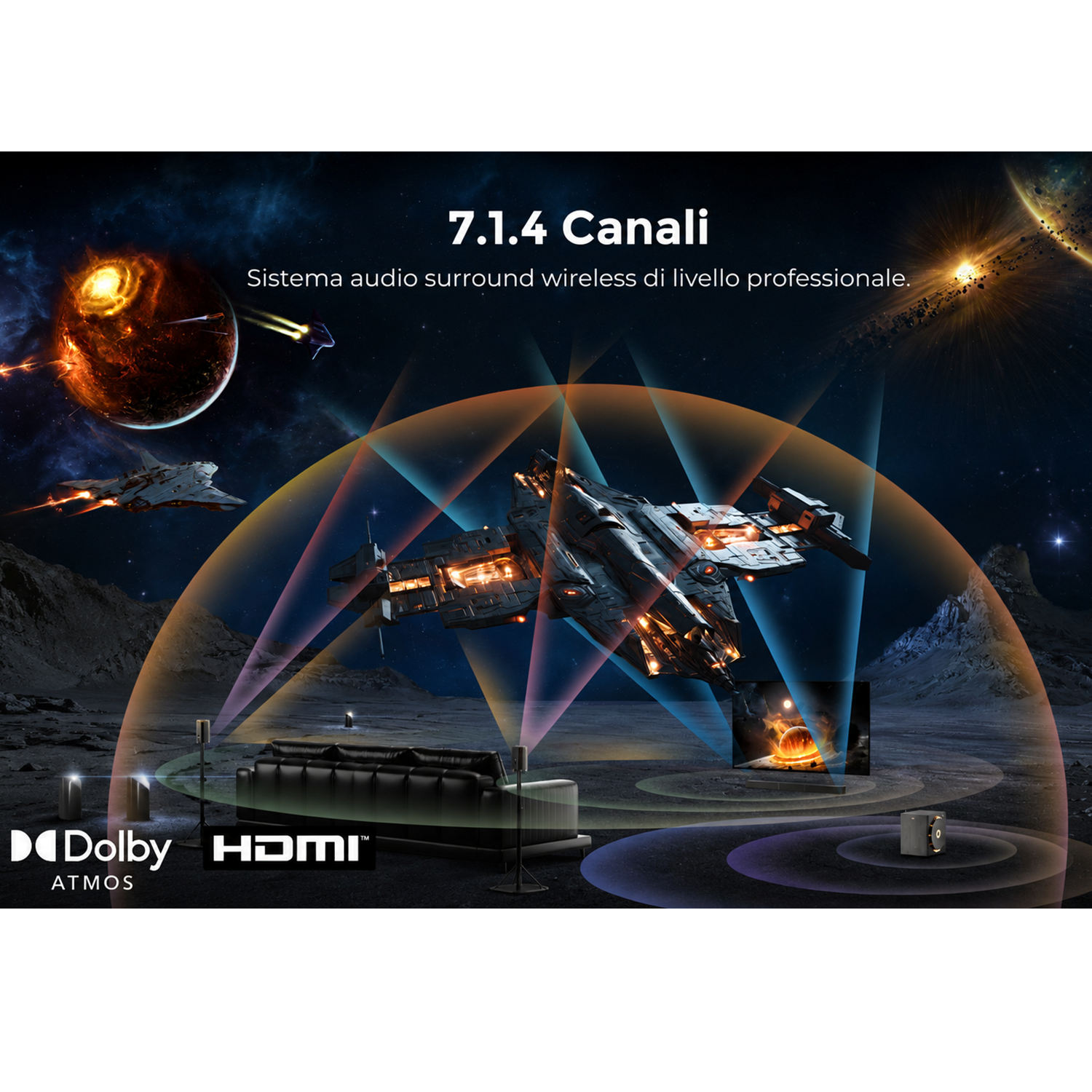 Nave spaziale con logo Dolby Atmos e HDMI su superficie lunare, scena spaziale.