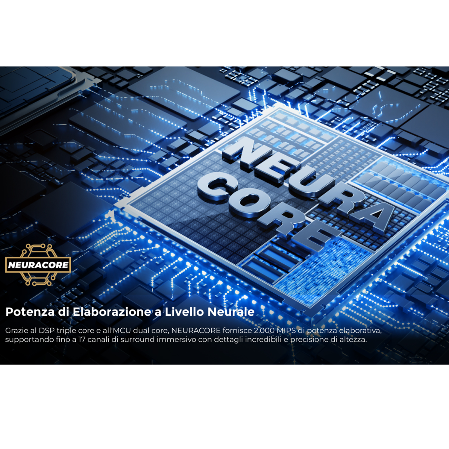 Un'immagine stilizzata di un chip di computer con circuiti blu luminosi.