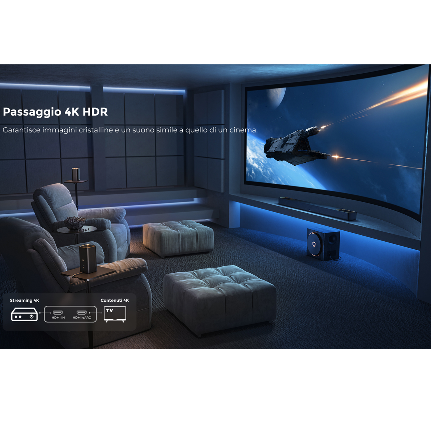Home theater con pass-through 4K HDR, due poltrone, pouf, proiettore.