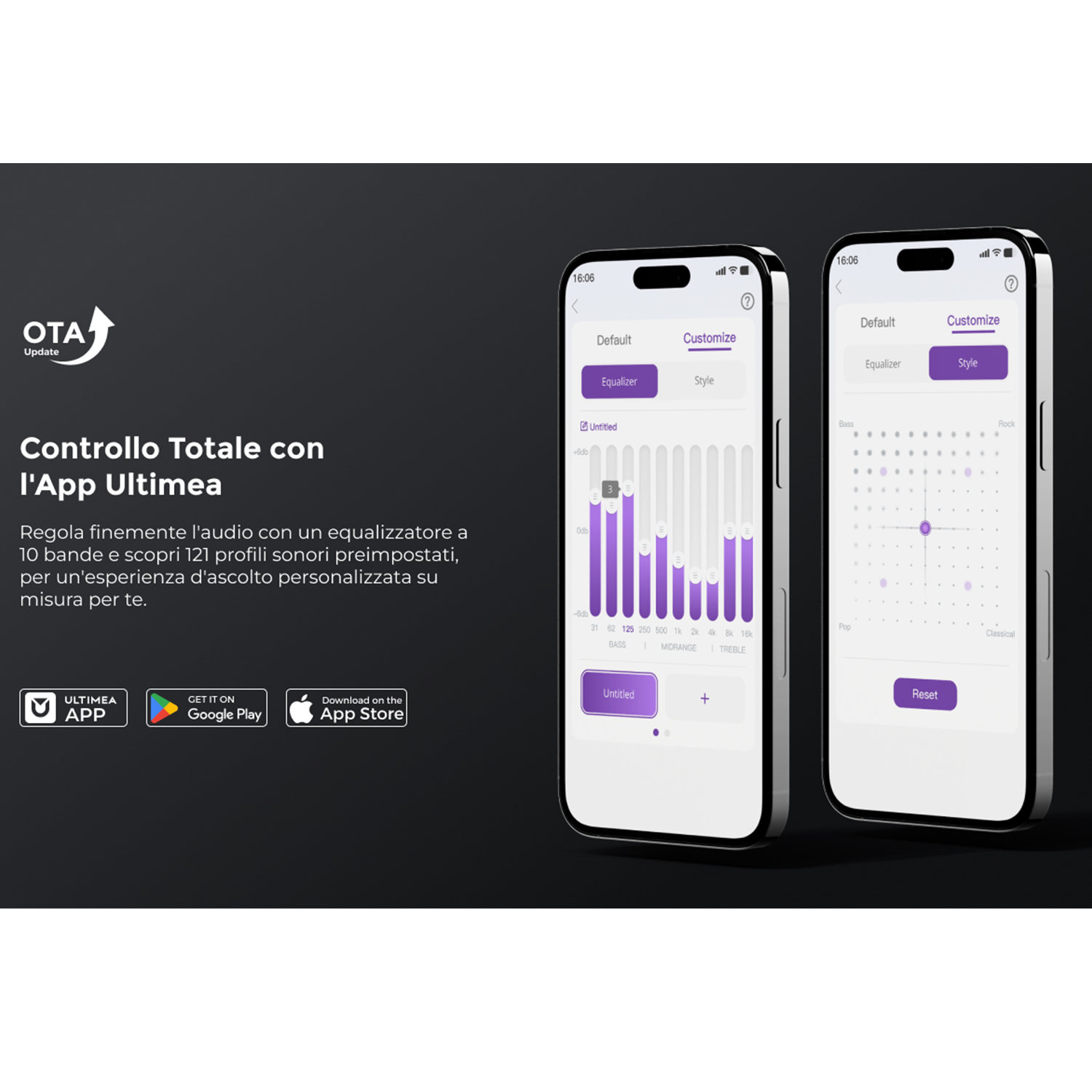 Interfaccia app che mostra impostazioni equalizzatore e stile su due telefoni.