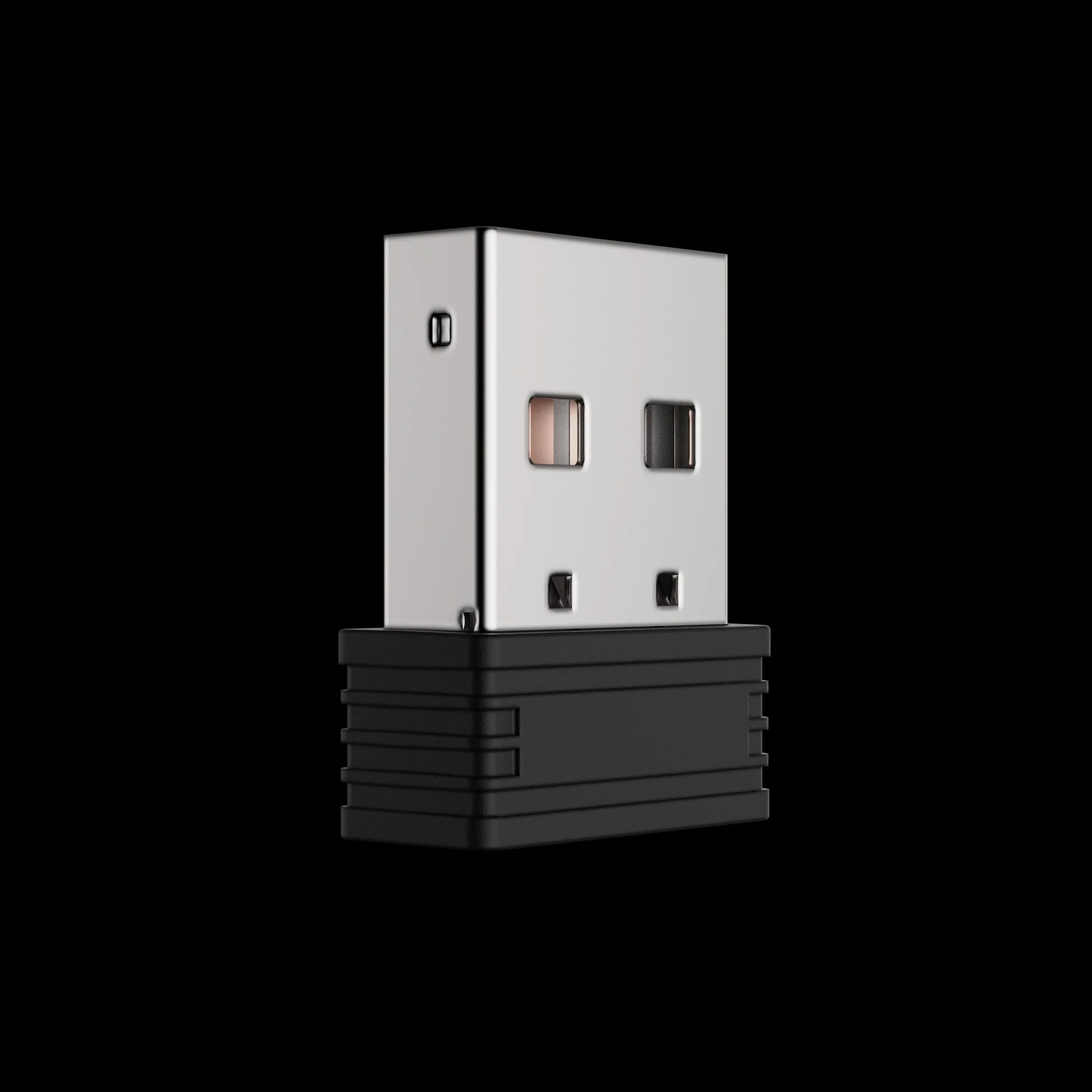 Mały srebrny adapter USB z czarną podstawą i dwoma oknami.