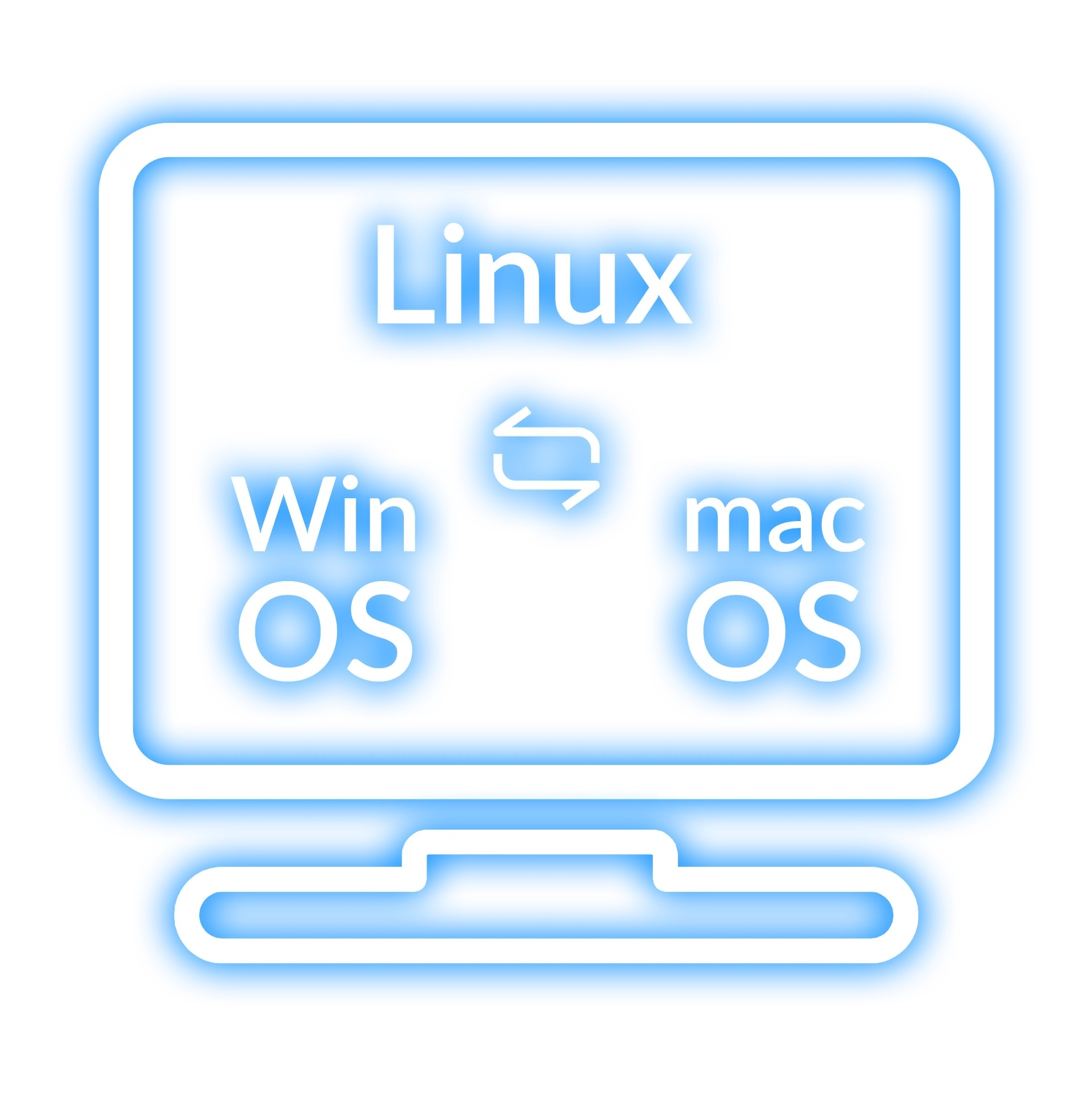 Niebieski neonowy monitor wyświetla Linux, Win OS i Mac OS ze strzałkami między nimi.