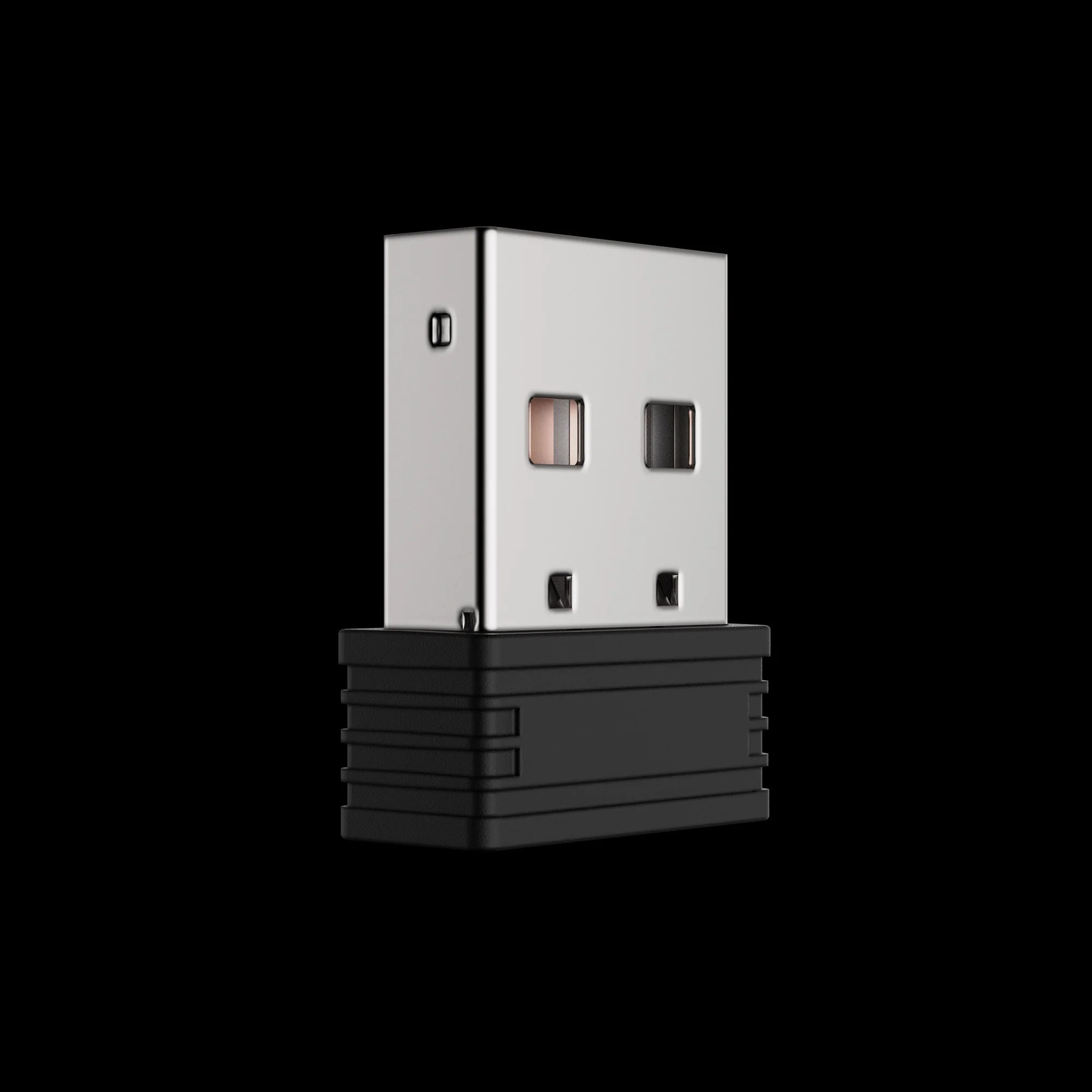 Małe srebrne urządzenie USB z czarną podstawą.