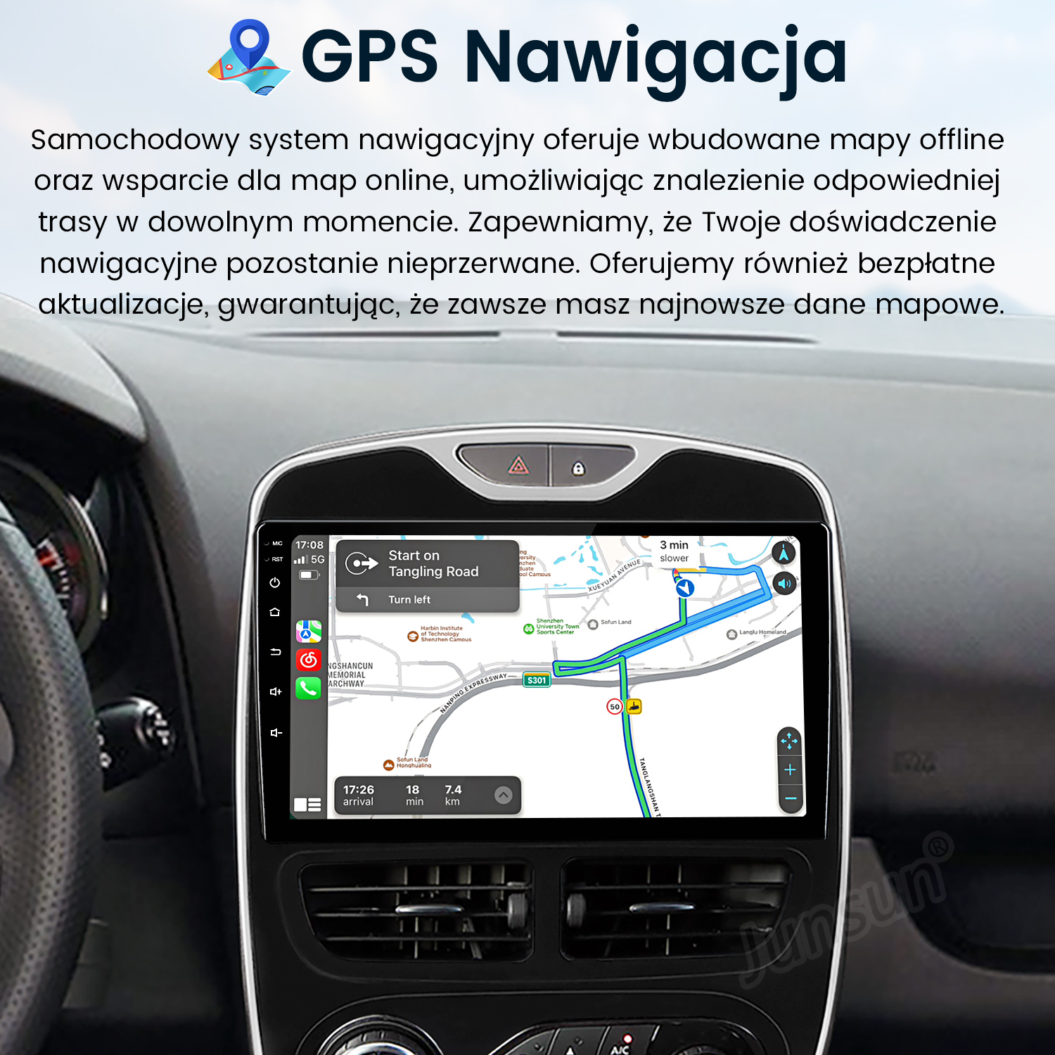 Samochodowy system nawigacyjny z mapami offline i online. Pokazuje trasę na ekranie.